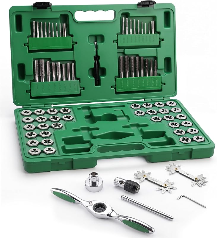 Juego de machos y matrices SK de 75 piezas, kit de reparación de roscas métricas/SAE, herramienta de reroscado | Machos de roscar M2 HSS y matrices de acero para rodamientos mecanizados por CNC con mango en T con trinquete de 72 dientes para roscado interno y externo