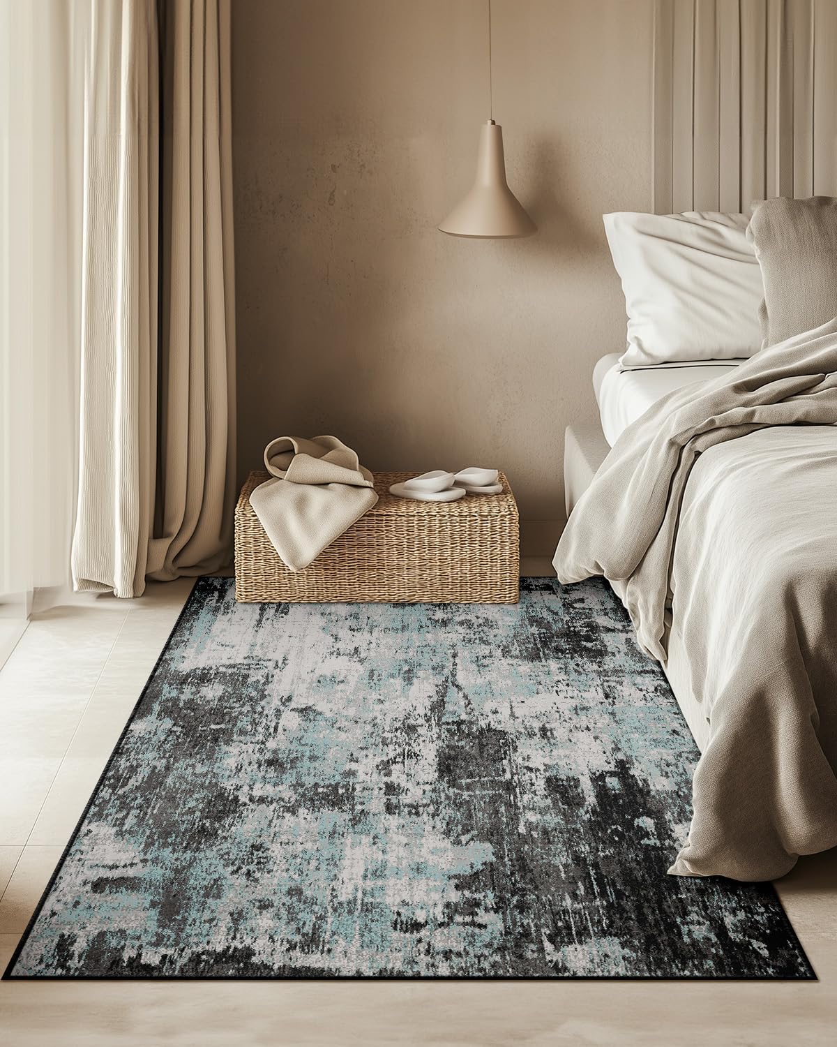 Tappeto per Soggiorno 160x210 cm, Tappeto Antiscivolo Lavabile in Lavatrice, Tappeto Moderno Astratto per Soggiorno e Camera da Letto, Blu Nero