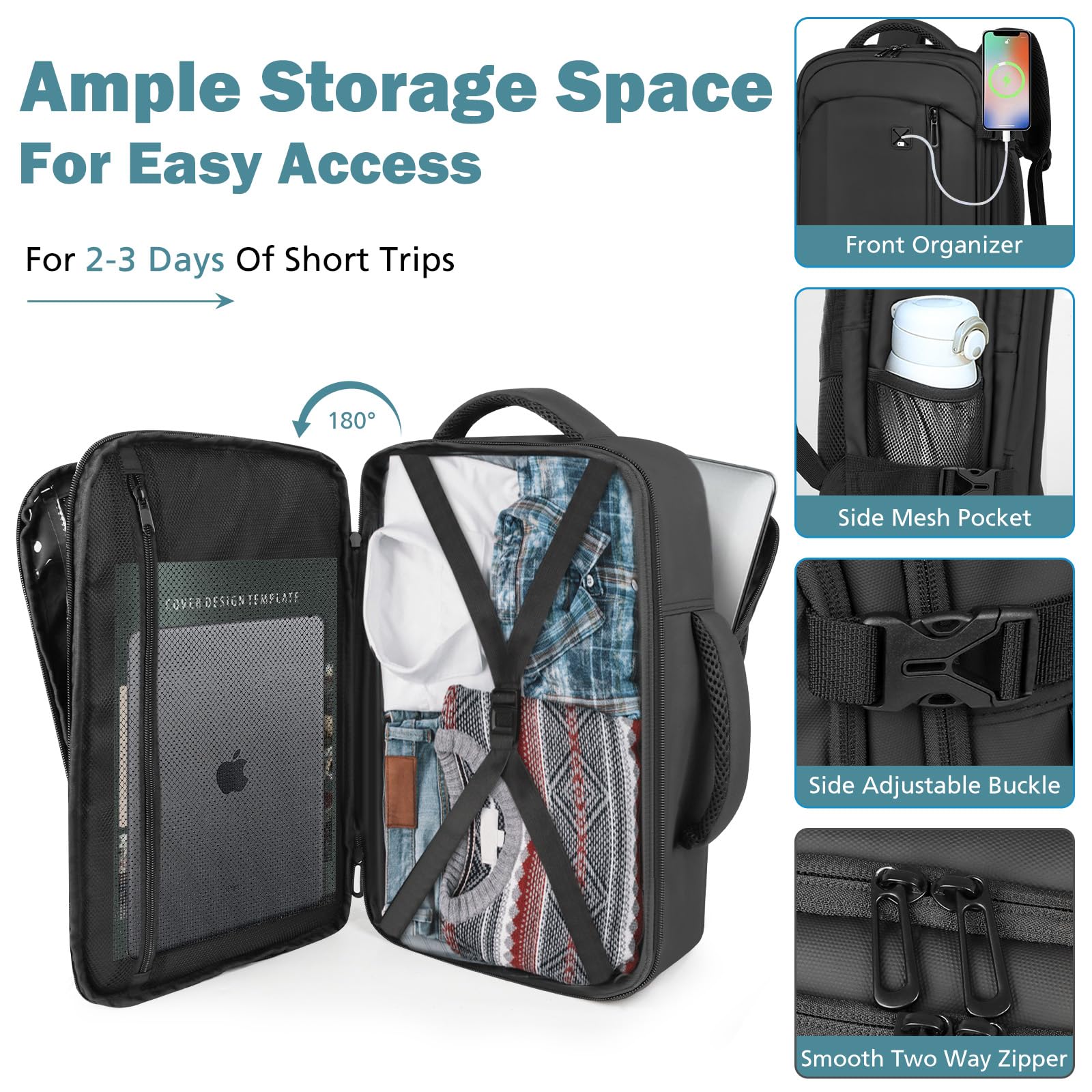 Vinstatin Zaino Bagaglio a Mano 40x20x25 cm Cabina Approvato Ryanair 20L Zaino Viaggio Business Unisex Leggero con Organizer (Nero)