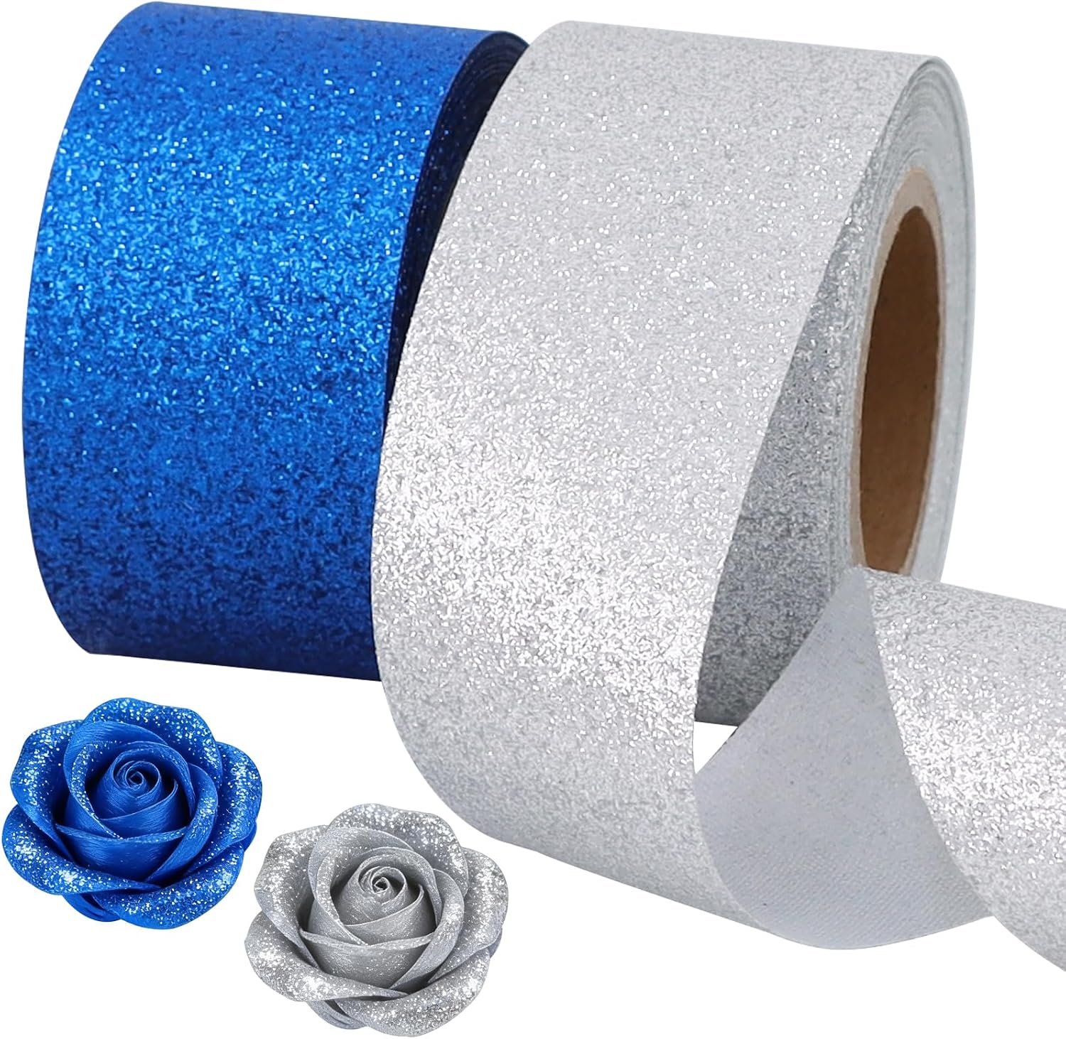 TONIFUL 2 Rolls 3/8 Inch Blue Glitter Ribbon, Sparkling Shiny Ribbon for Gift Wrapping, Crafts, Eternal Flowers, Graduation Lei Decor, Halloween, Christmas, Valentine's Decoration (10yds/roll)