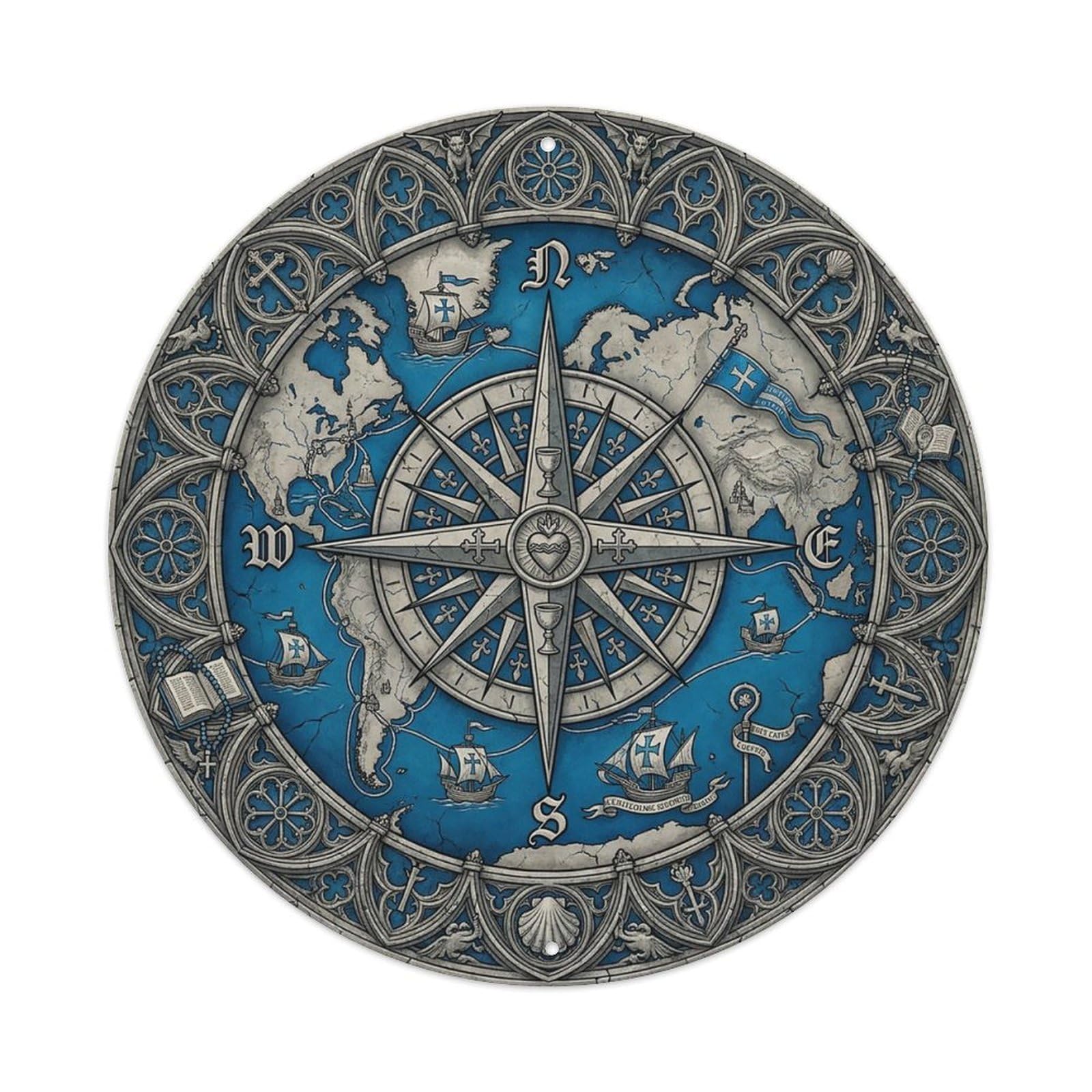 Vintage Nautical Compass World Map Pilgrim Route Metal Tin Sign