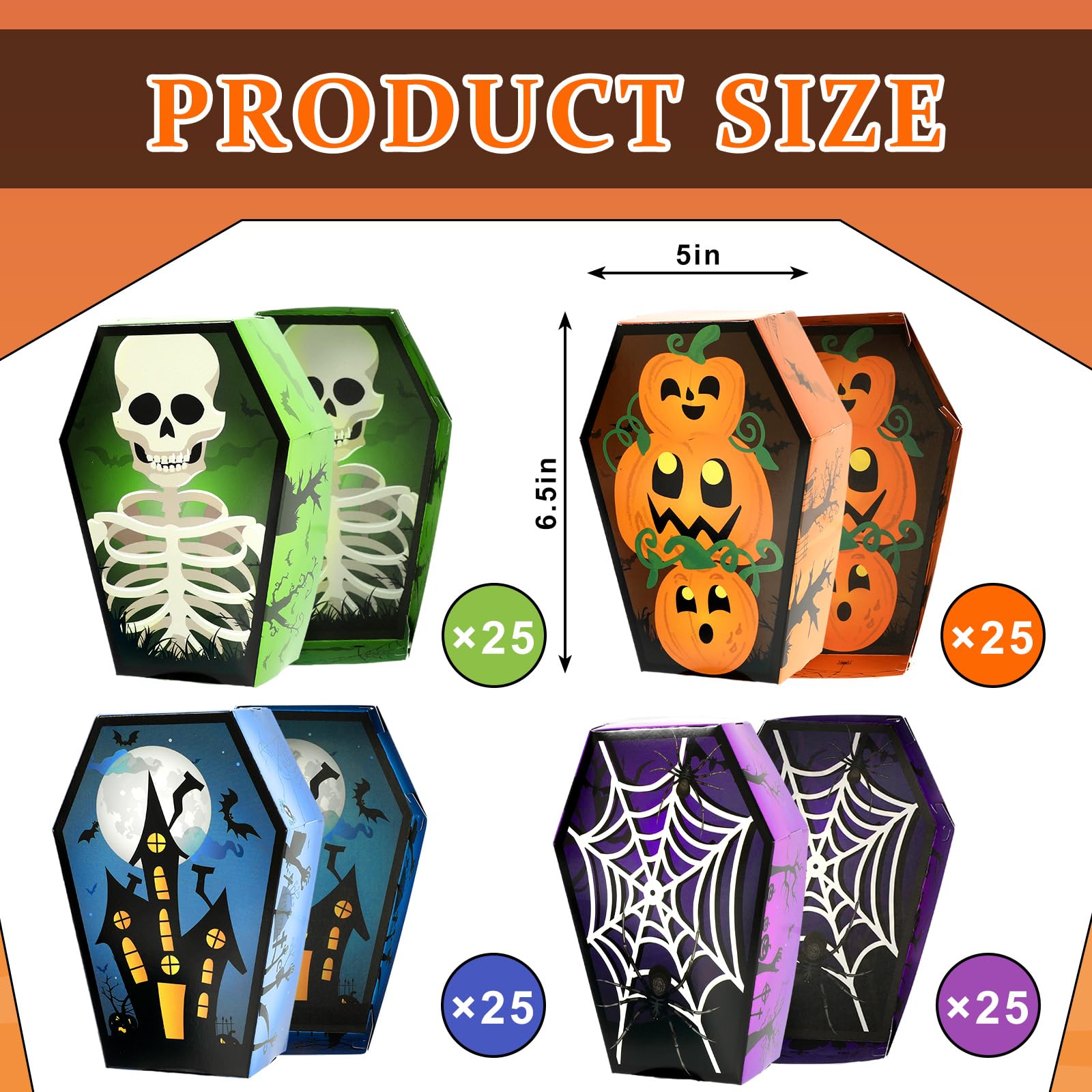 JarThenaAMCS 100Pcs Halloween Coffin Snack Trays Pumpkin Skull Spider Web Castle Paper Food Trays 4 Colors Coffin Boxes for Halloween Trick or Treat Party Food Storage Serving Supplies