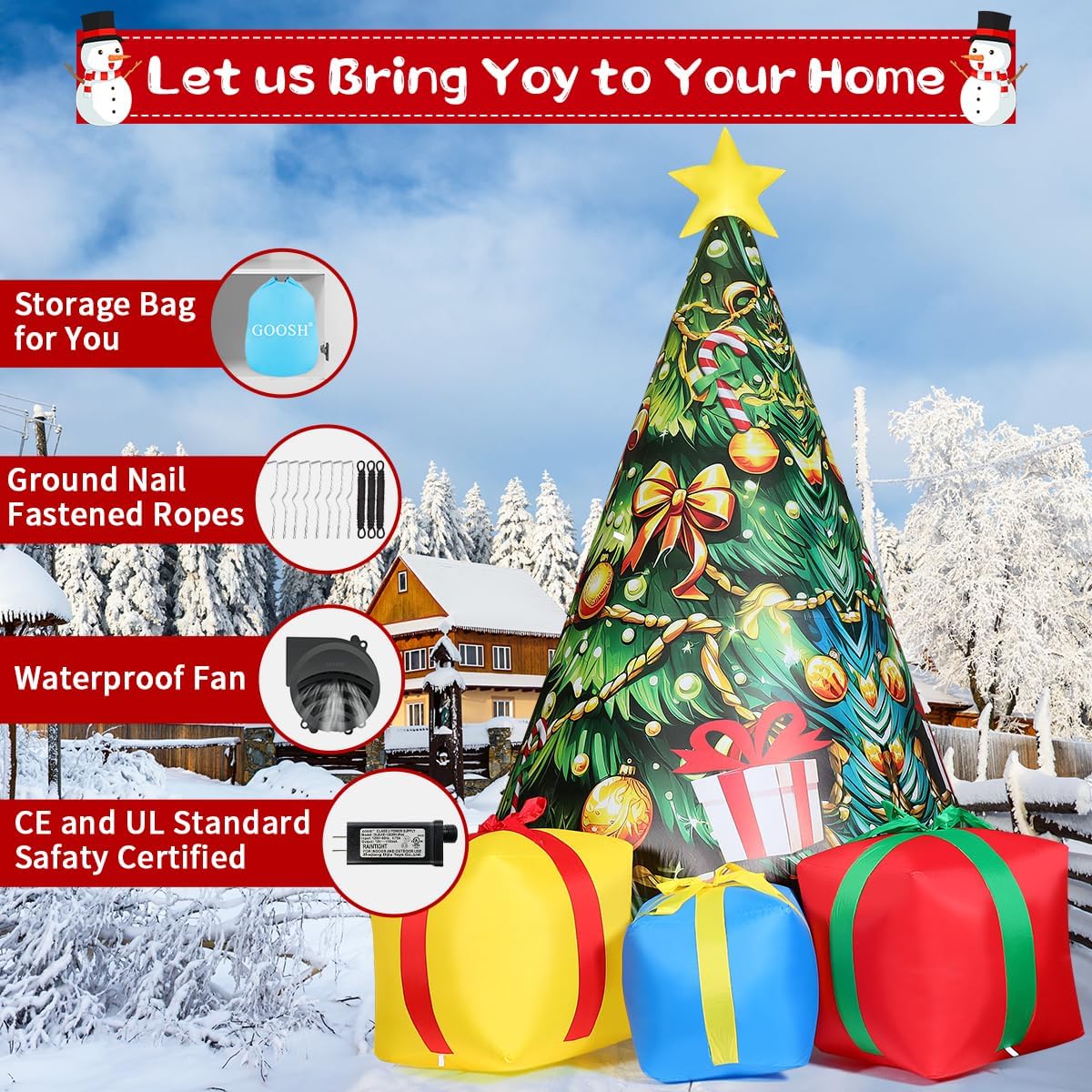 GOOSH 11.8 FT Christmas Inflatables Tree Outdoor Decorations Blow Up Christmas Tree Gift Box Yard with Colorful Light for Holiday Party Indoor Garden Lawn Decor (Yellow)