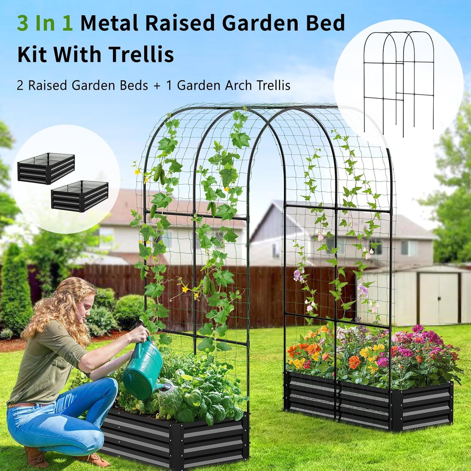 DoCred 3 in 1 Raised Garden Bed with 87in Tall Arch Trellis for Climbing Plants, Galvanized Planter Garden Box Outdoor for Gardening, Climbing Vegetables, Flower, Black 4 x 2 x 1 Ft/2 Pcs (Rectangle) Black