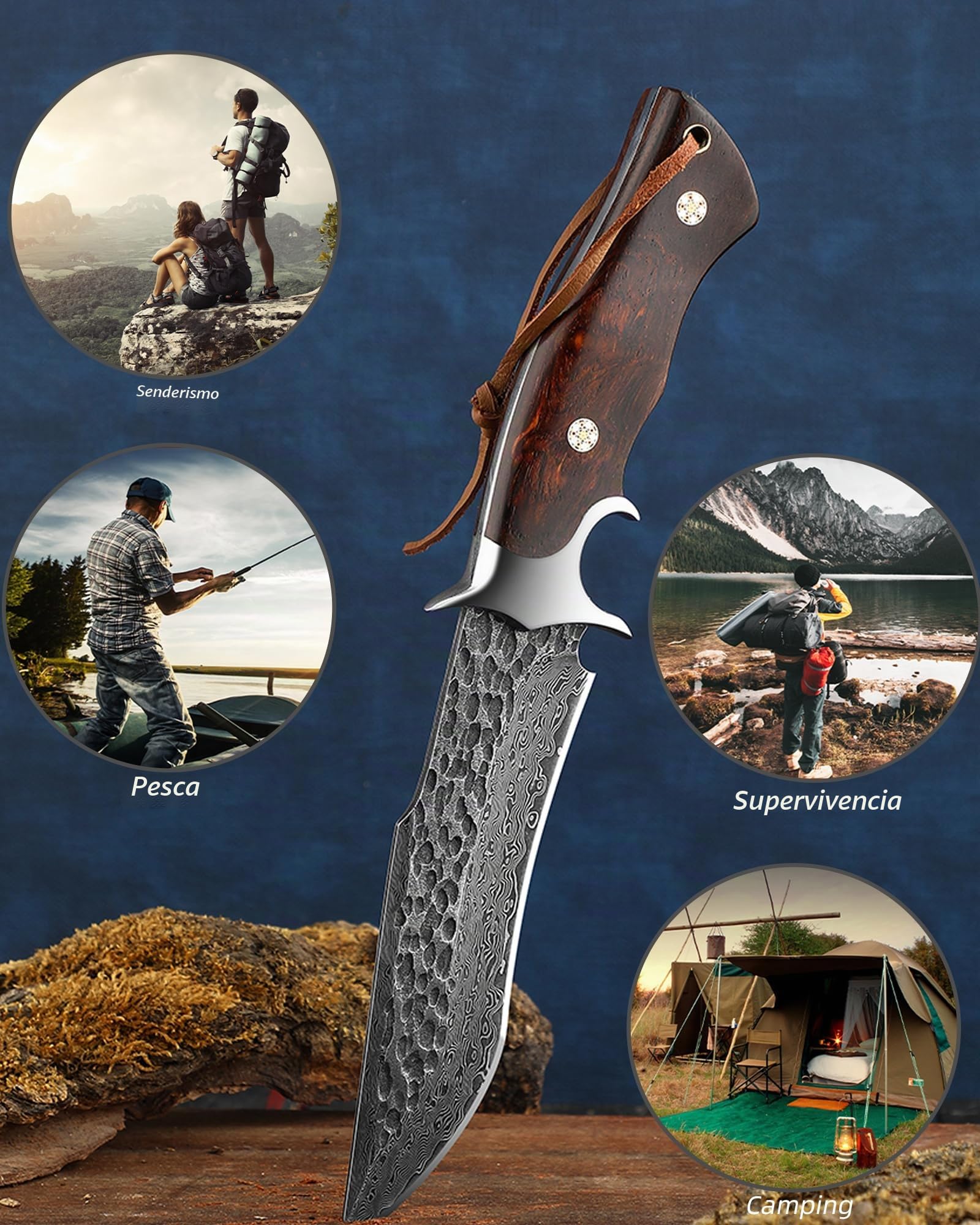 Omesio Cuchillo Damasco Forjado a Mano con Funda de Cuero Mango de Madera | Diseño de estilo japonés, ideal para camping, senderismo y actividades al aire libre.