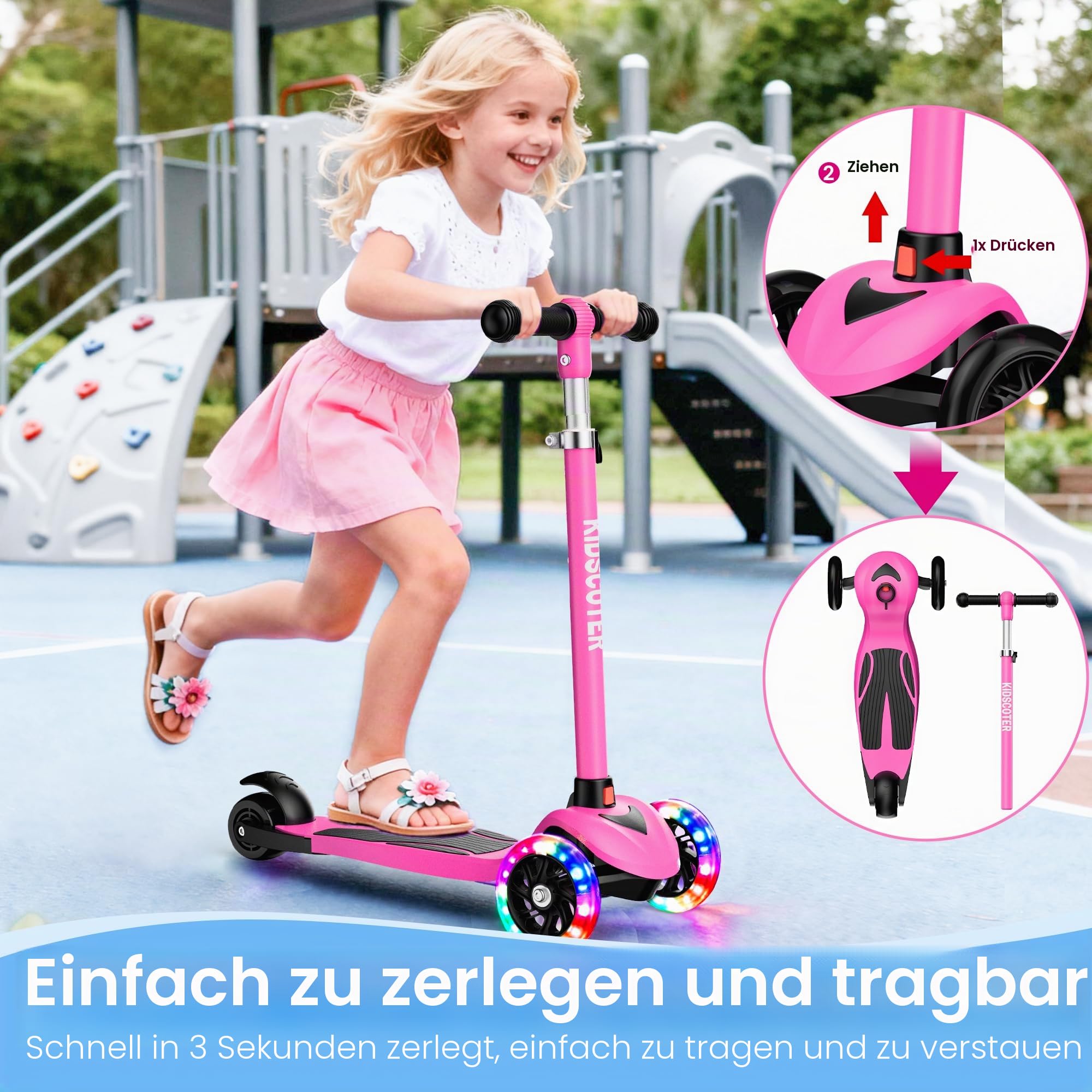 2-in-1 Kinder-Scooter für Kinder von 3-12 Jahren, 3 Räder Lean to Steer Scooter mit LED-Leuchträdern, Verstellbarer Lenker, faltbar & abnehmbar für Jungen & Mädchen