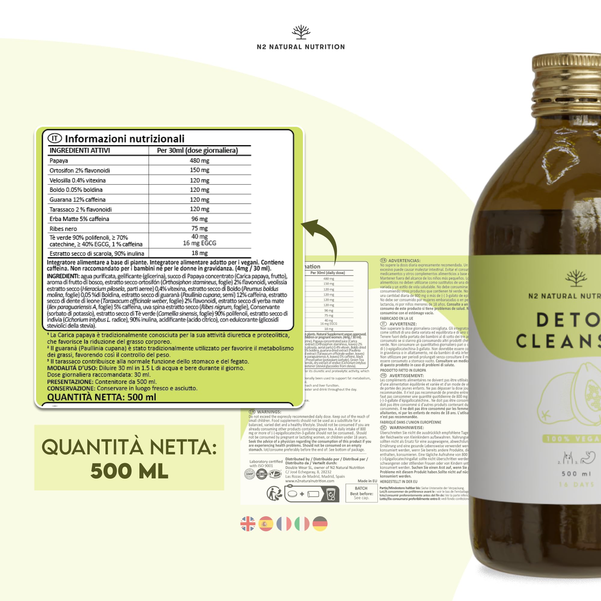 N2 Natural Nutrition. DETOX, Formula liquida Tè Verde, Tarassaco, Guaranà, Papaya, 500 ml. Con Tè di Giava, Mate, Ribes Nero, Rabarbaro. VEGANO. CE.