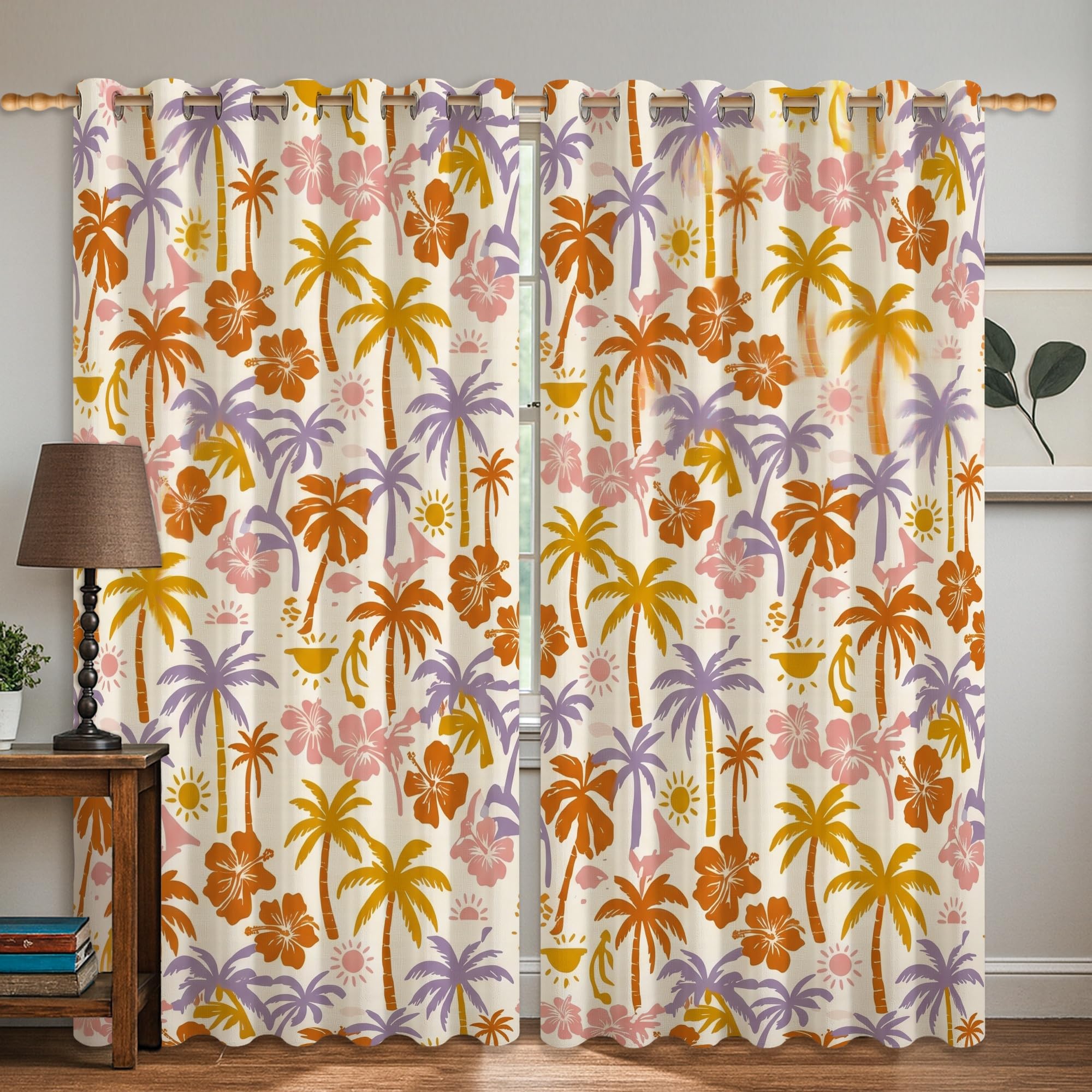 Rideaux occultants palmier fleurs tropicales orange pour chambre