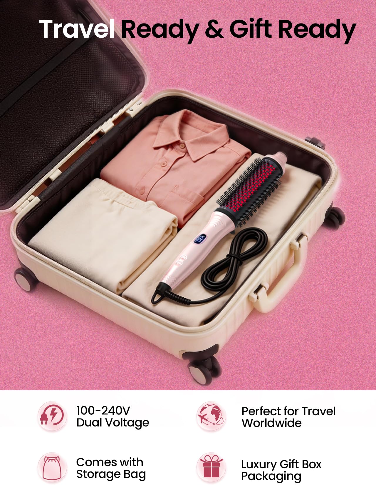 Pink Infrared Thermal Hair Styling Brush with Ionic Ceramic Heating