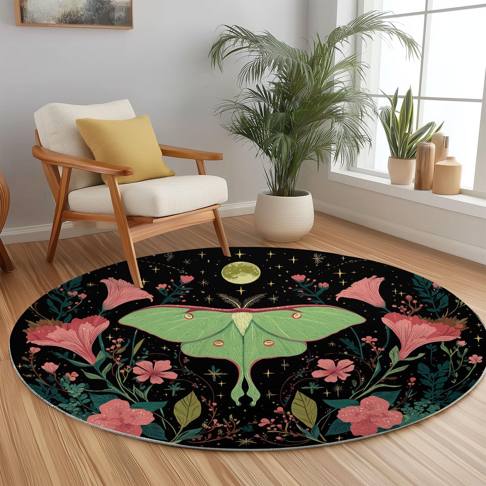 Tapis rond animal et lune fée de 210 cm pastoral et lavable