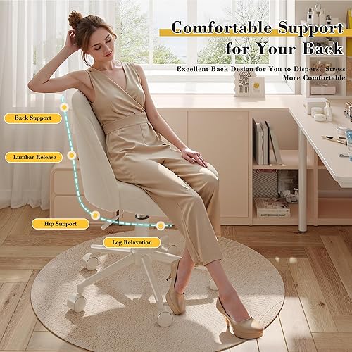 Miniatura 4 de EnHomee Silla de tocador con ruedas y respaldo cómodo, bonita silla de escritorio sin brazos con giratorio ajustable para oficina en casa,