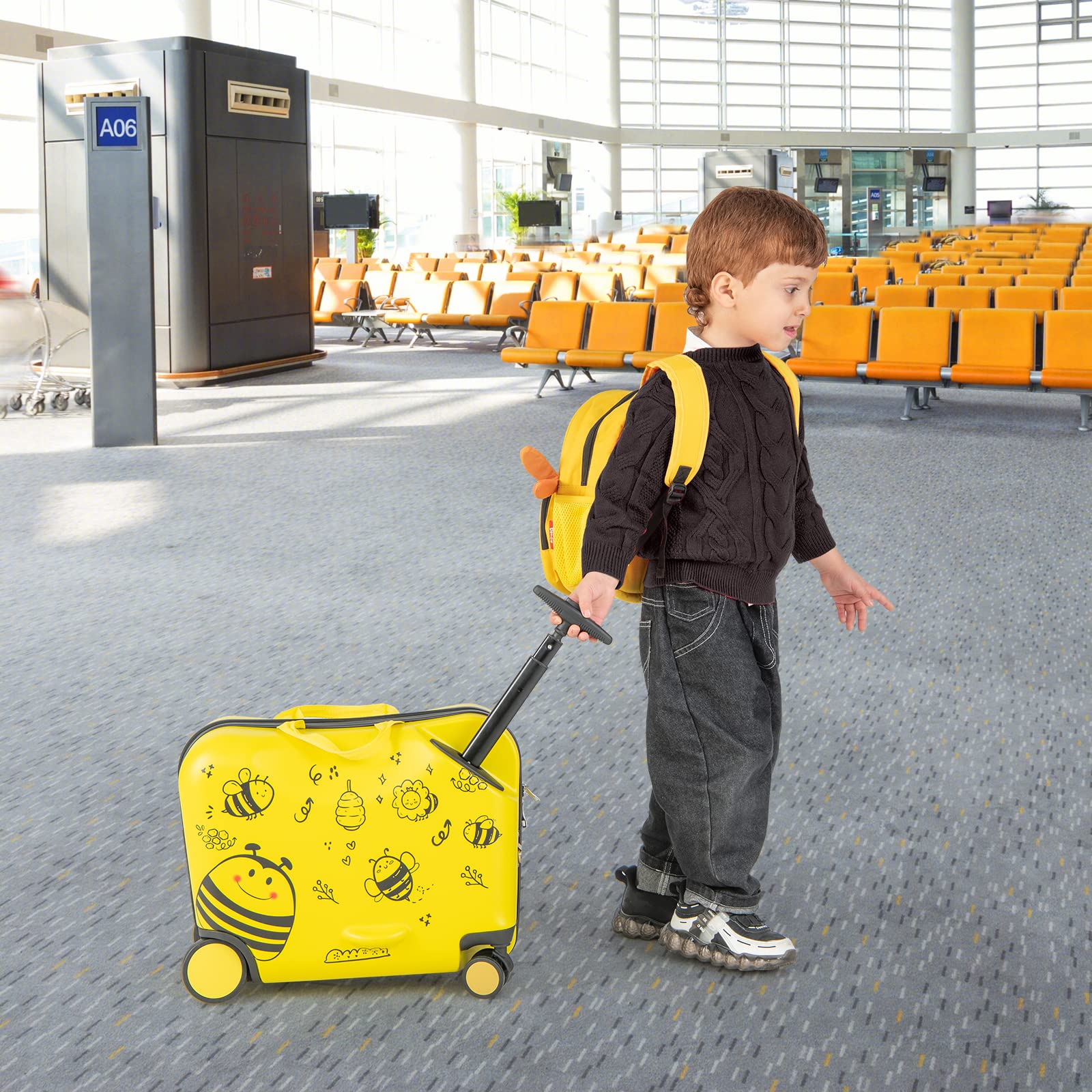 RELAX4LIFE Set Valigia Cavalcabile/Trolley per Bambini 18‘’ con Zaino 12‘’, 4 Ruote Girevoli, Maniglia Retrattile 56cm, 2 Cingie Multiuso, Zaino: 26x30cm/Trolley:47x26,5x36,5cm (Giallo)