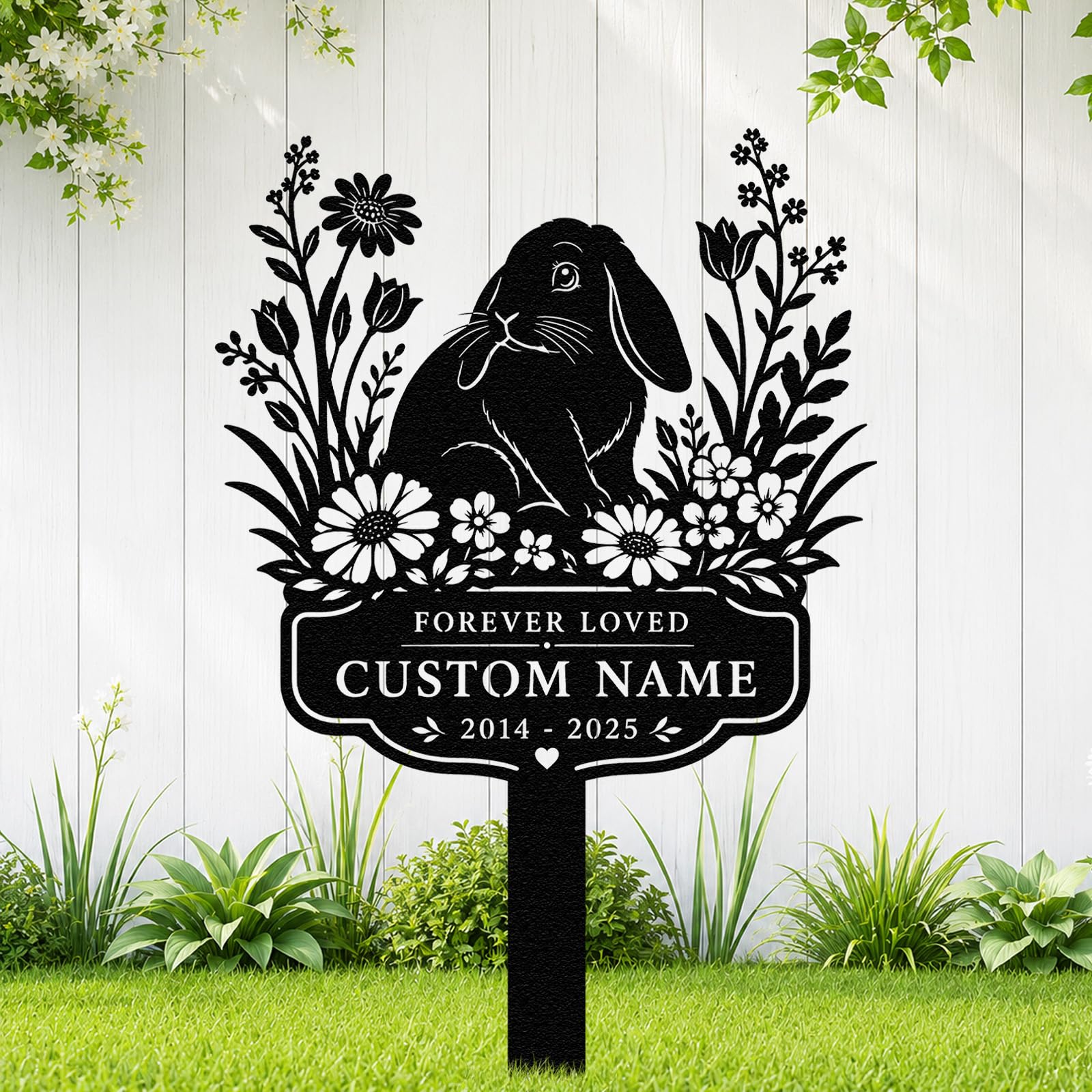 Personalized Rabbit Memorial Garden Stake, Custom Bunny Grave Marker, Floral Metal Pet Memorial Plaque for Yard Cemetery, Sympathy Remembrance Gift for Rabbit Lovers (Rabbit D)