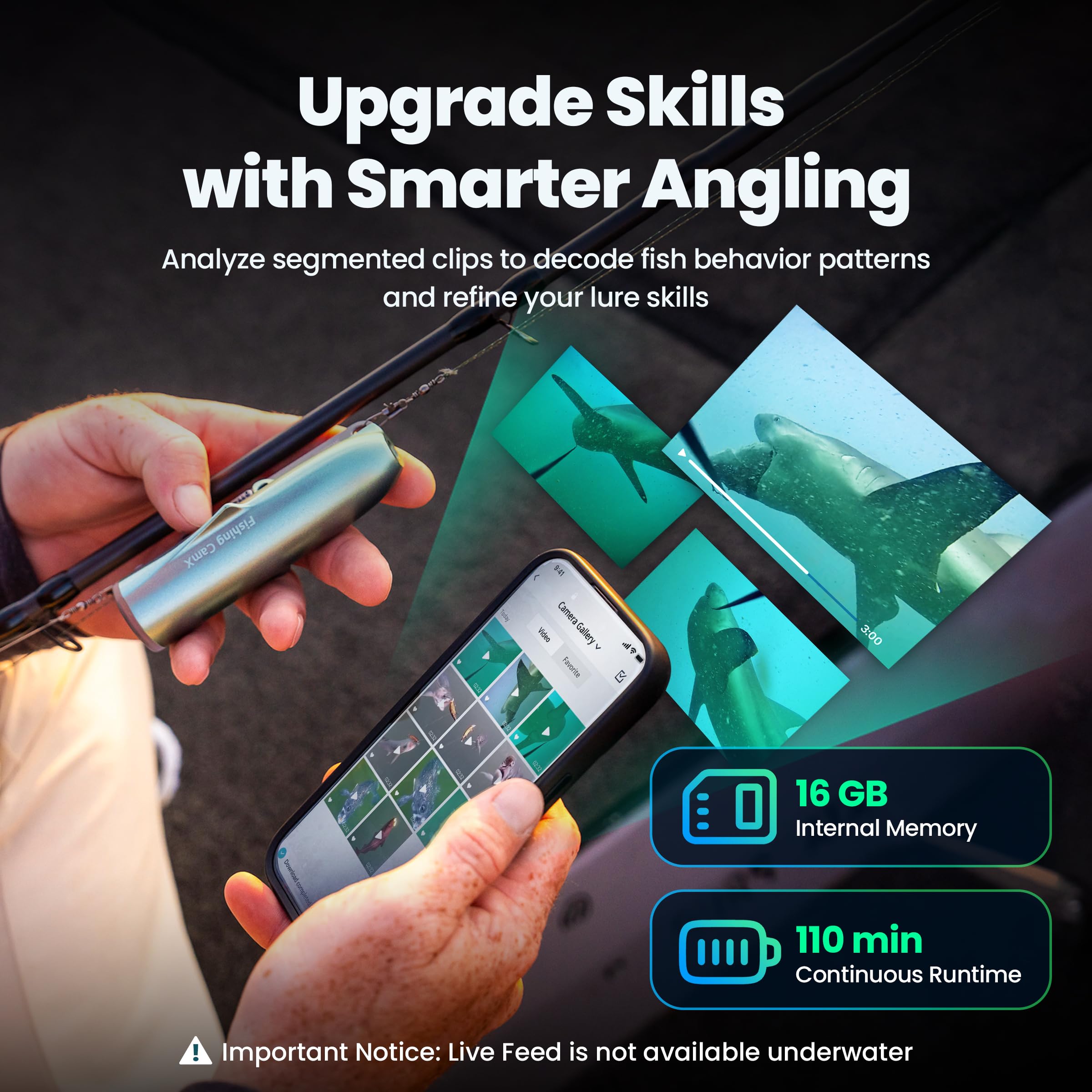 Fishing CamX - Telecamera da pesca / Finder/CanFish, HD 1080P e 136° ultra-grandangolare, impermeabile ROV da 1080 m, rilevamento del movimento, registrazione intelligente segmentata, ricarica