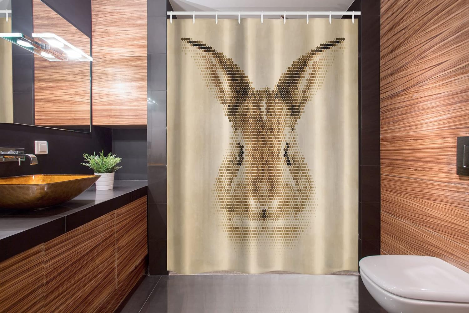 Ambesonne Geometric Stall Shower Curtain, Rabbit Portrait Digital Geometrical Dots Points Vintage Color Bunny Face, Fabric Bathroom Decor Set with Hooks, 54" W x 78" L, Pale Brown
