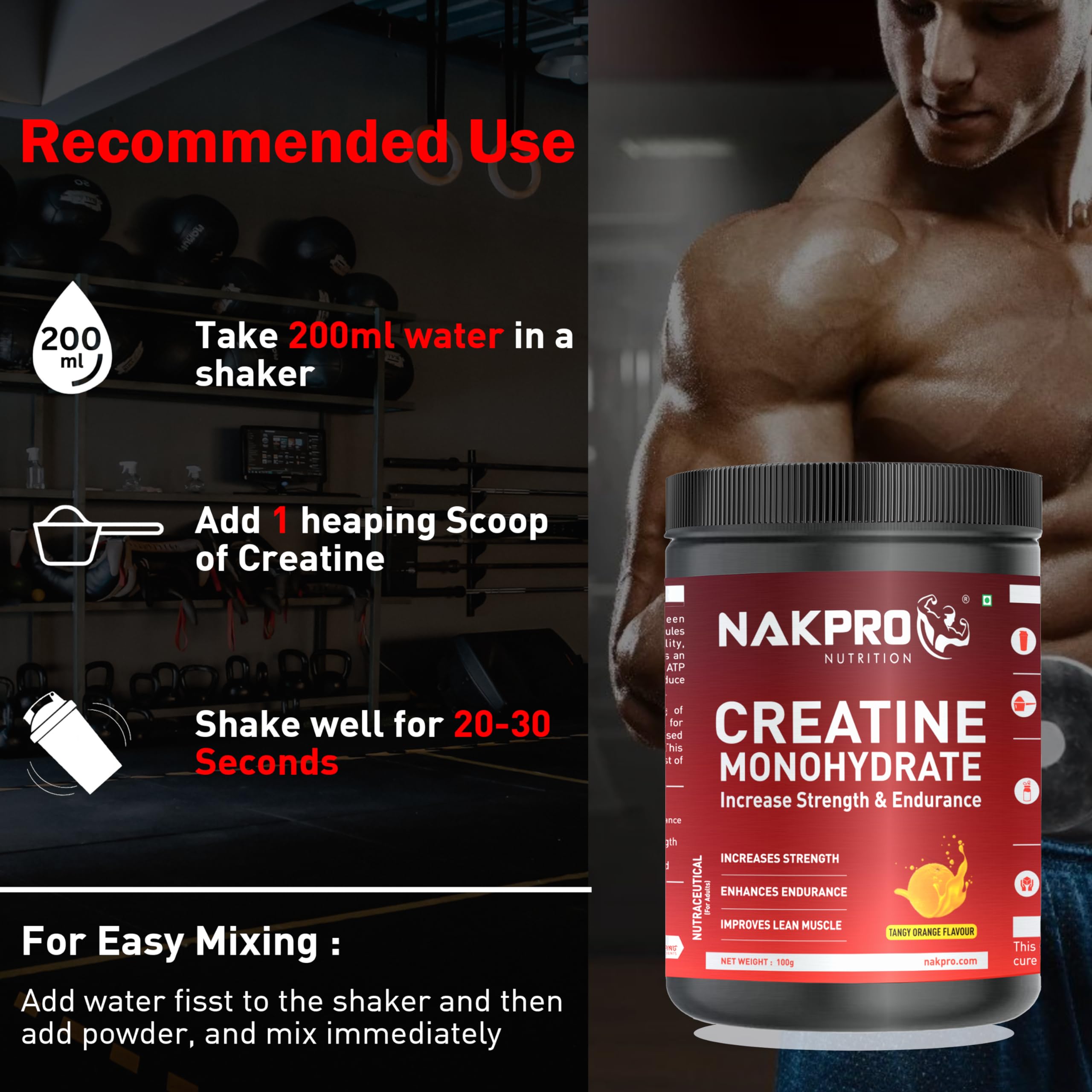NAKPRO Micronised Creatine Monohydrate Powder 100g, Tangy Orange | 3g Creatine/Serving | Trustified Certified | Rapid Absorption Pre/Post Workout Supplement for Muscle Repair & Recovery - Image 5 thumbnail