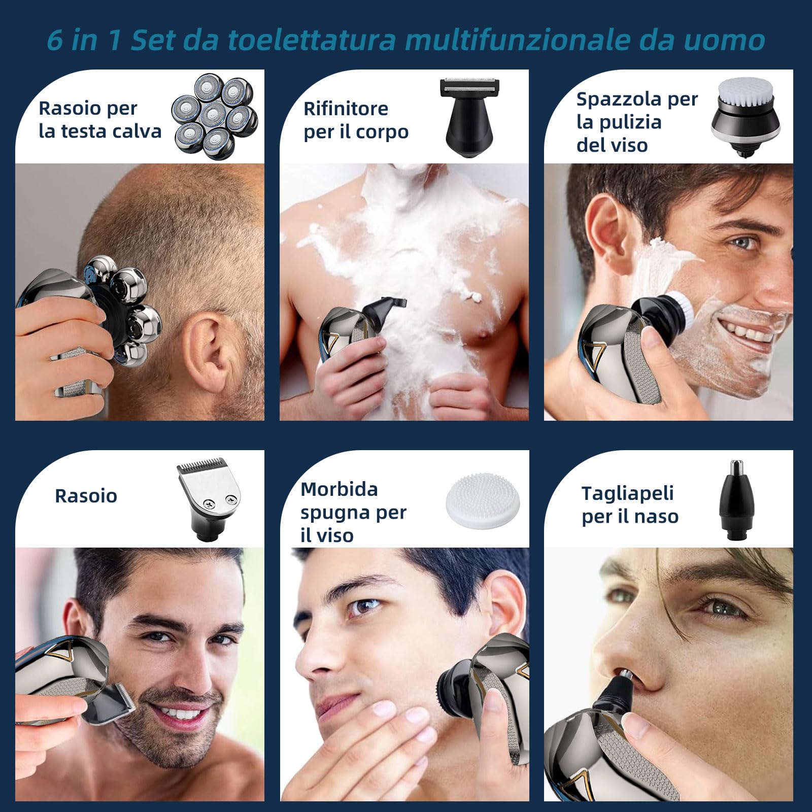 Rushmore Rose USA Rasoio Elettrico Barba Uomo 6 in 1, Rasoio Testa Calva con 7 Testine Rotanti, Impermeabile IPX7, Ricarica USB, Schermo LED Intelligente, Grigio