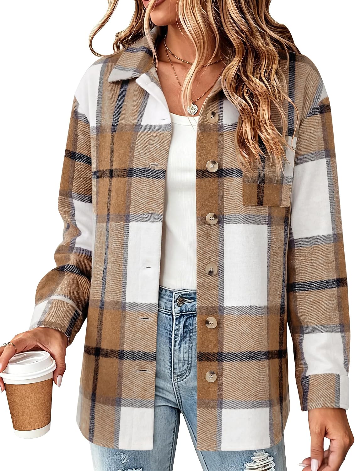 Zeagoo Womens Flannel Shacket Jacket Casual Plaid Button Down Fall Shirt