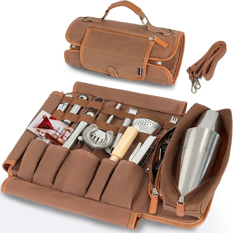 Bolsa de viaje para bartender con juego de coctelera de 22 piezas
