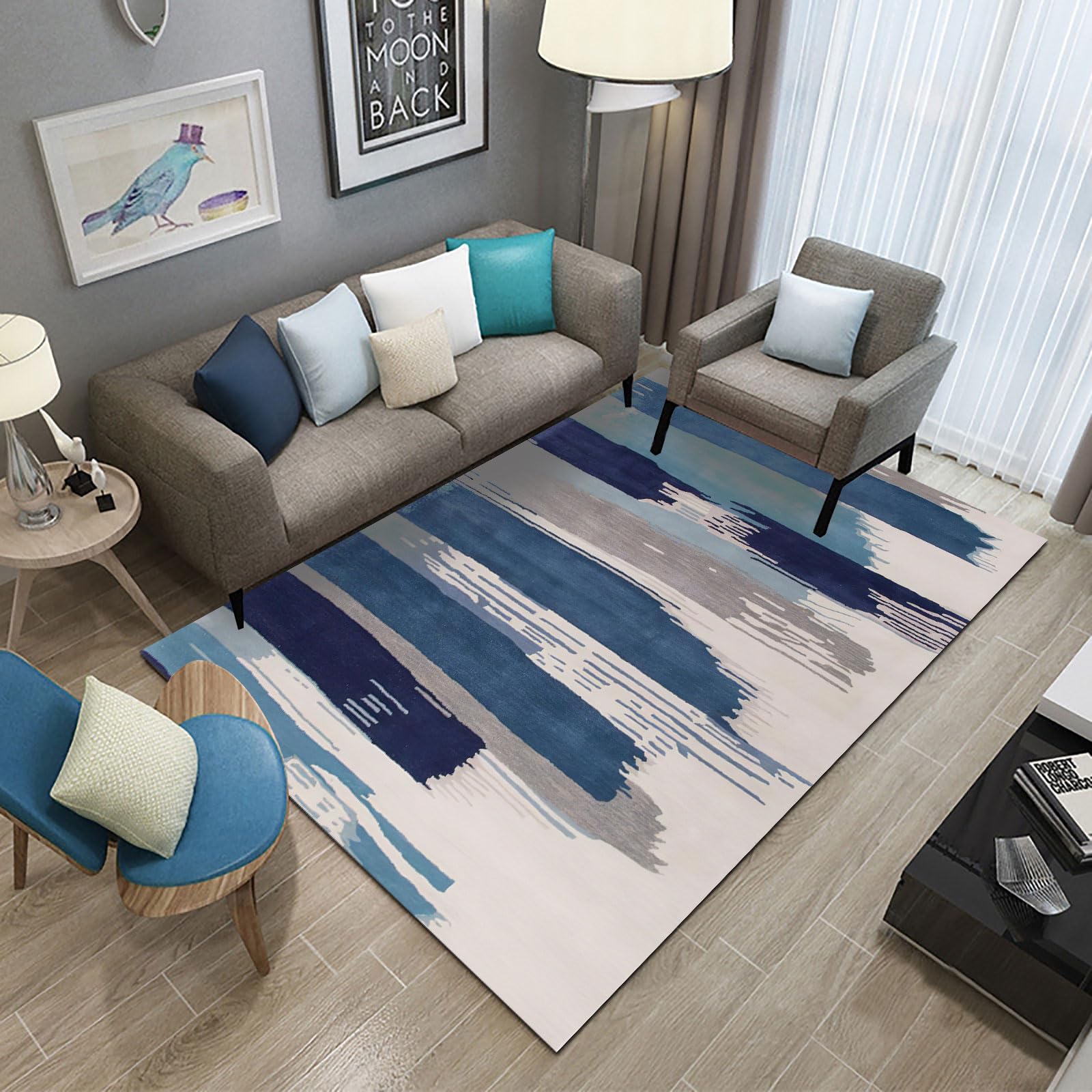 Tapis de salon antiderapant et facile d'entretien 200x250 cm style abstrait bleu