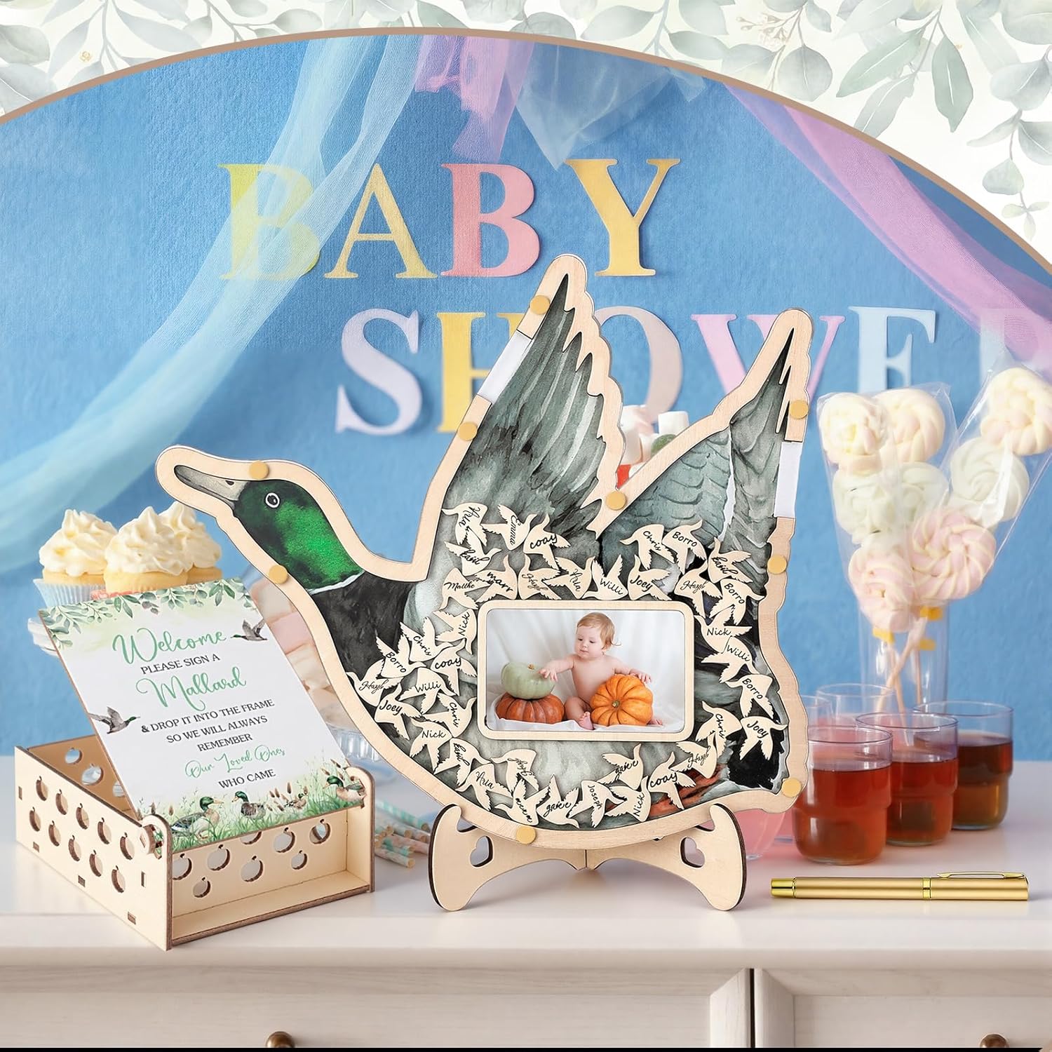 Wenqik 63 Pcs Mallard Duck Baby Shower Guest Book Alternatives Set Baby Shower Decorations with Photo Frame Sonogram Frame Keepsake 60 Wood Slices Guest Book for Birthday