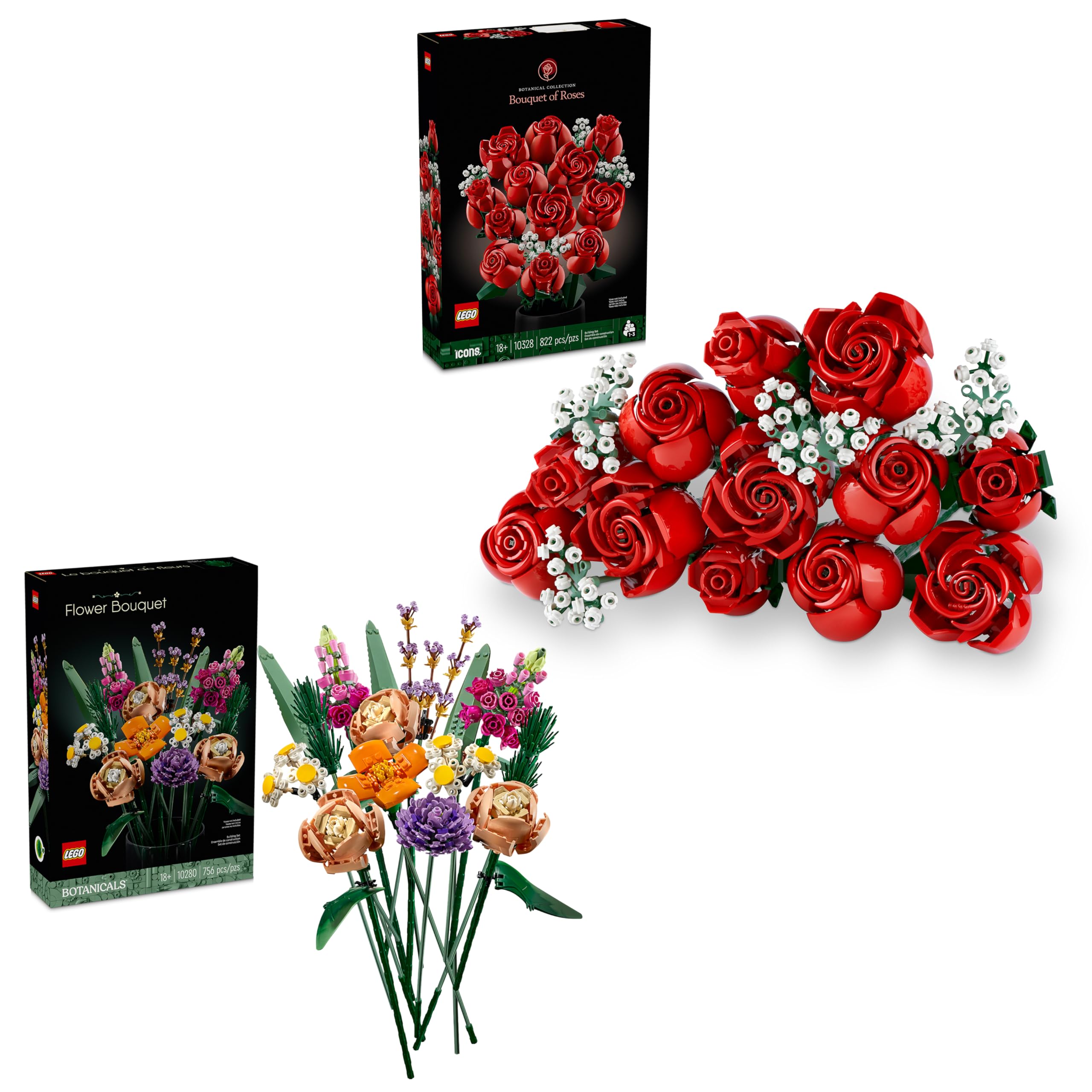 Bundle of LEGO Botanicals Flower Bouquet + Bouquet of Roses Building Sets - Gift Ideas for Men & Women for Valentine's Day - Artificial Flowers for Home Decor & Display - 10280 + 10328