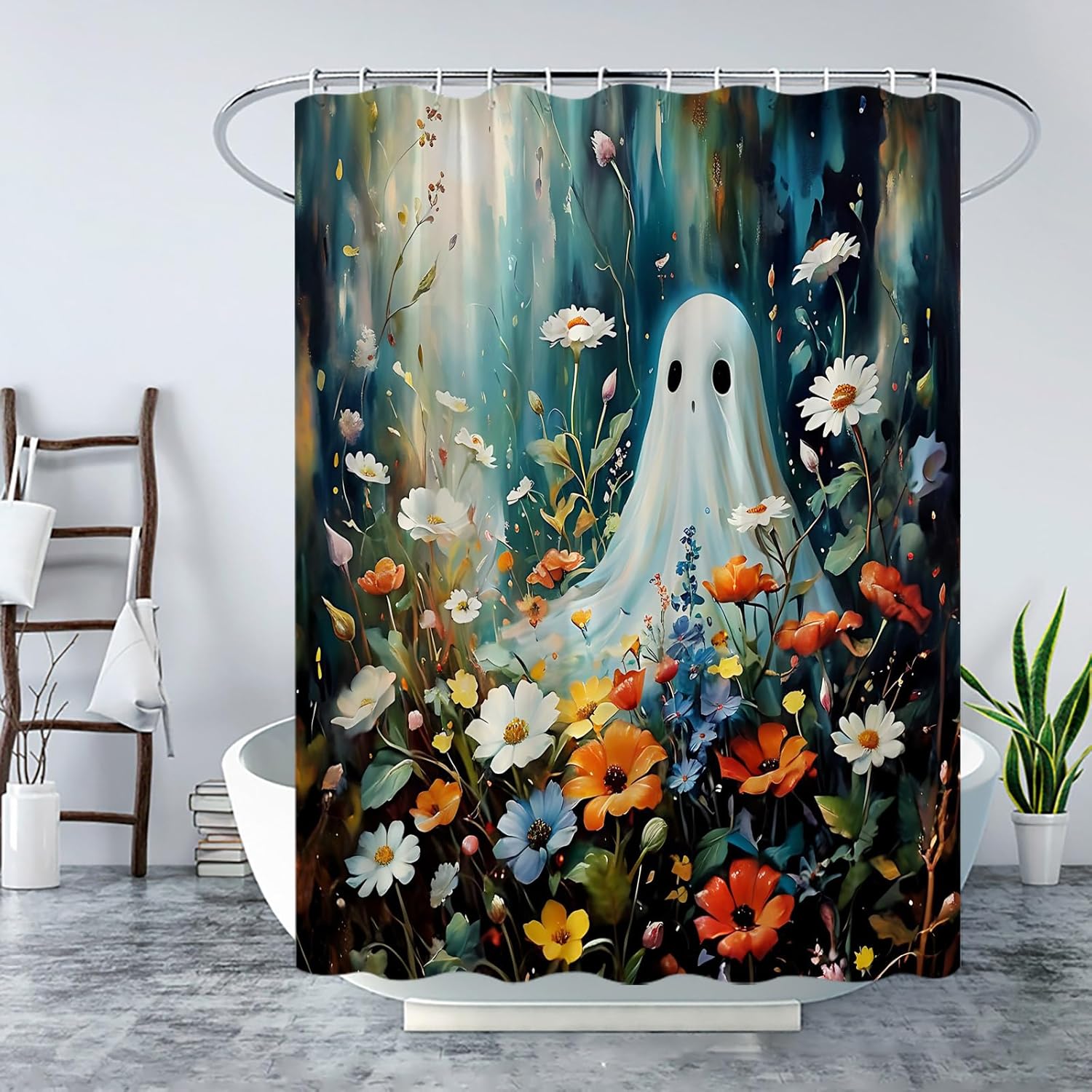 Spooky Halloween Shower Curtain Halloween Ghost Cute Funny Night Blue Watercolor Boho Floral Plant Gothic Fantasy Creepy Horror Cartoon Happy Holiday Fabric Bath Curtain with Hook