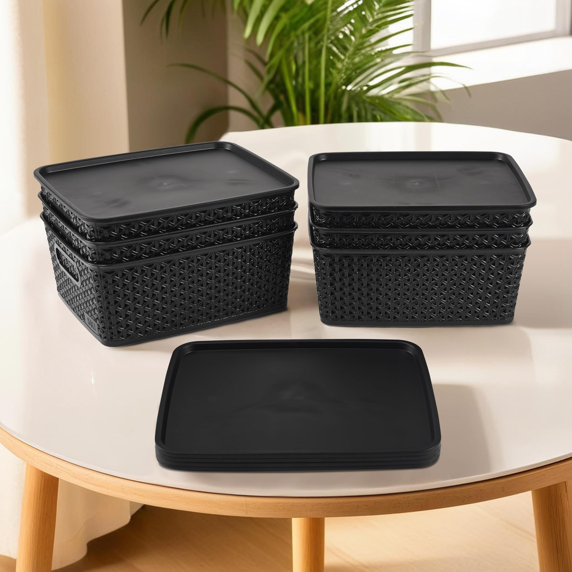 Kuber IndustriesKuber Industries 6 Pcs Stackable Plastic Storage Box with Lid | H3 Multi-Purpose Basket for Storage - Ideal Home Organizers for Baby Dress, Stationary, Medicine & Pooja Items | Black