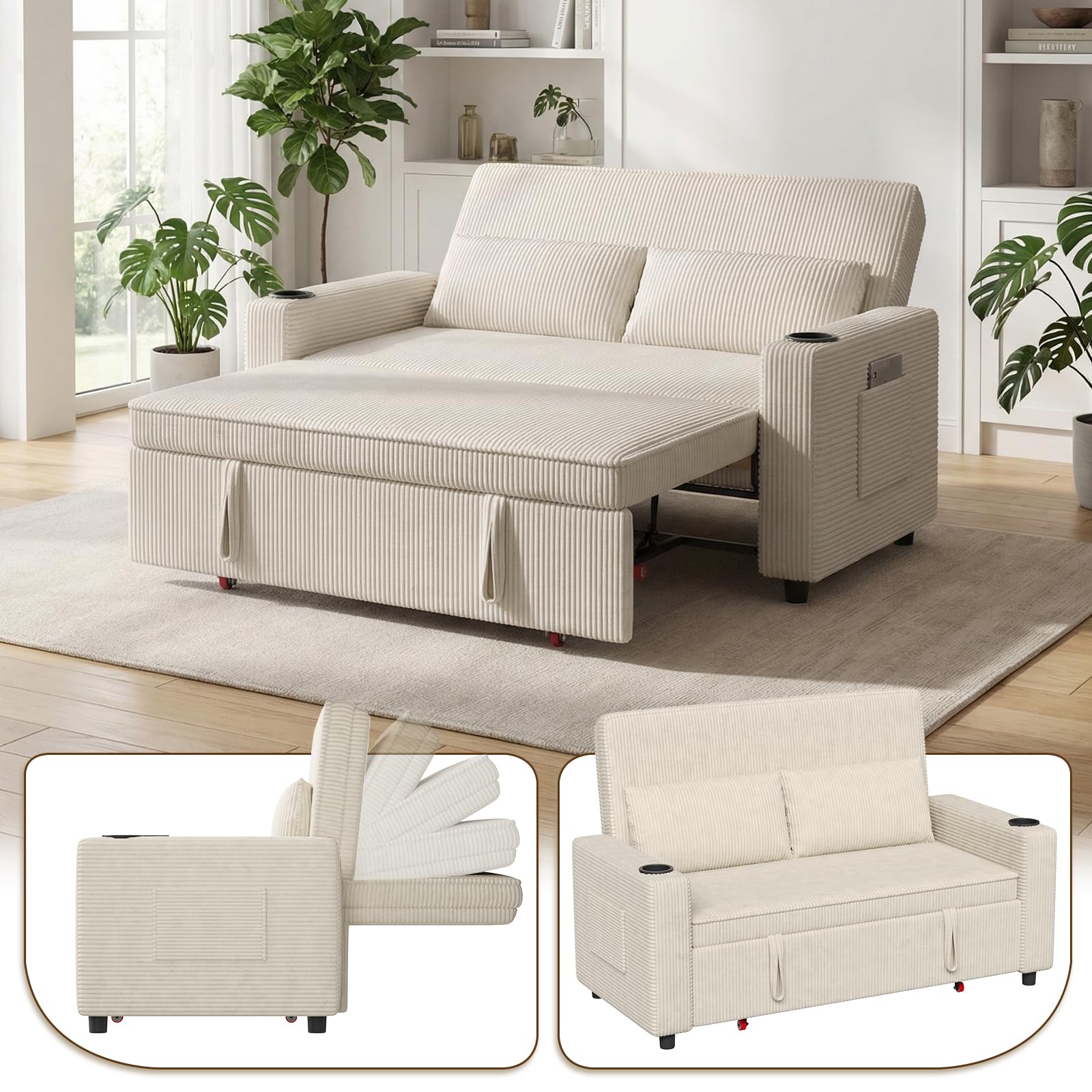 Devoko 55.5" Convertible Sofa Bed,2 Seater Pull Out Sleeper Sofa with Adjustable Backrest Loveseat Small Couches Modern Corduroy Fabric For Living Room Bedroom, Beige