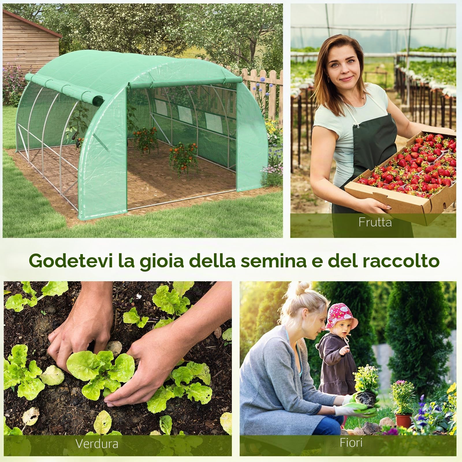 Outsunny Serra tunnel 4 x 3 x 2 m con pareti laterali arrotolabili Verde | Tenda serra walk-in, telaio acciaio, copertura rinforzata, porta cerniera, 8 finestre a rete, per giardino
