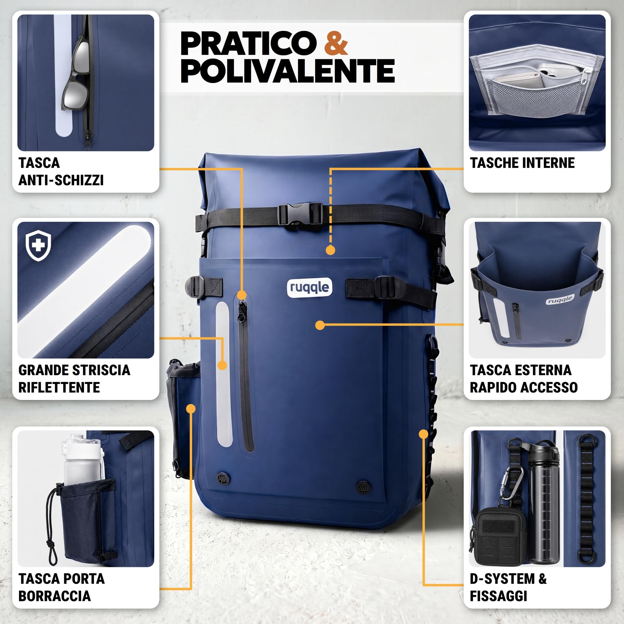 Ruqqle Zaino Impermeabile Multiuso, Waterproof Dry Bag 20/30/45L, con 3 Tasche Esterne, Borsa Impermeabile Comodo ideale per Viaggi Spiaggia Mare Barca Canoa Kayak Moto Trekking Campeggio Pesca