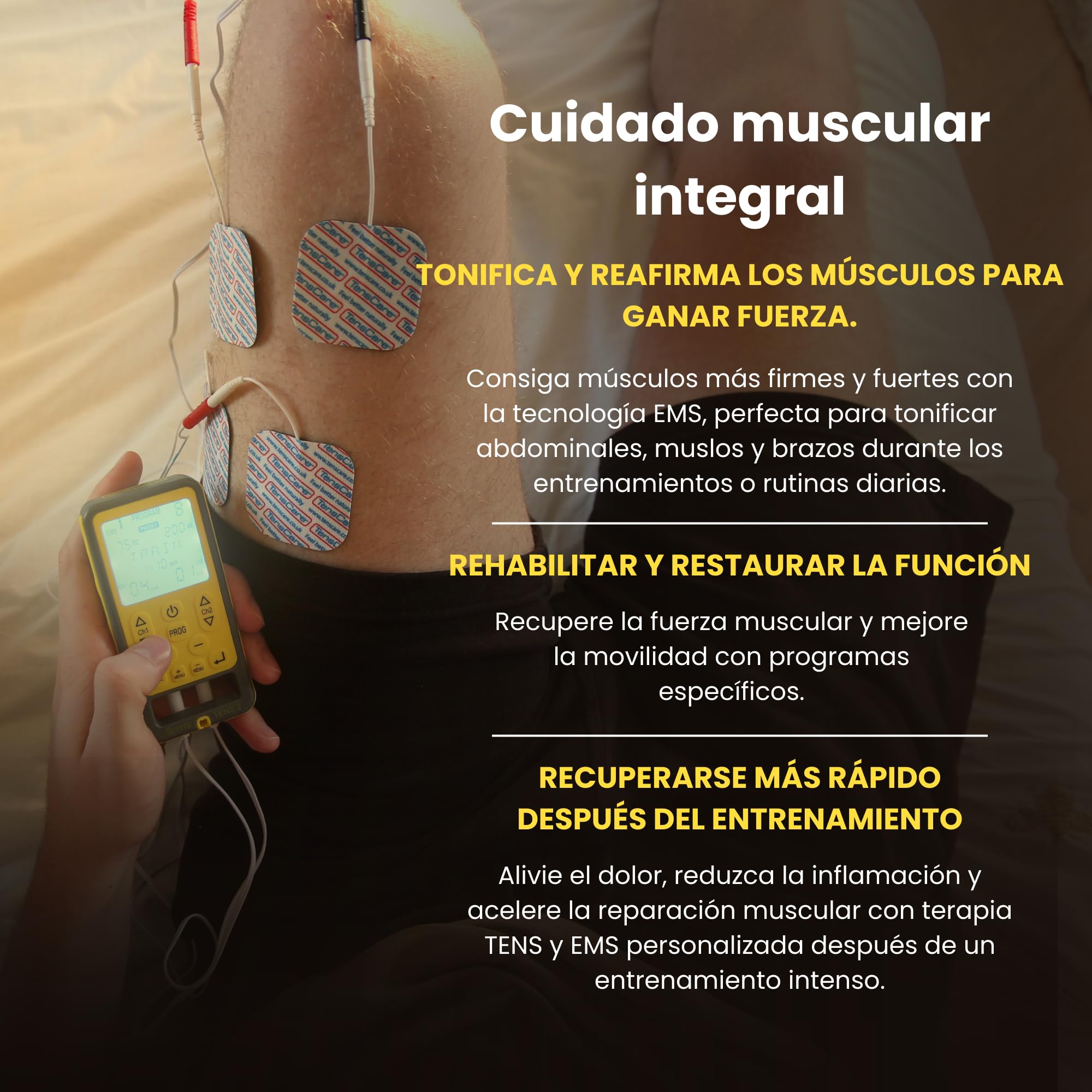TensCare Sports TENS - Electroestimulador muscular. Programas predeterminados TENS, EMS y para masaje y programas manuales. Alivio del dolor, tonificación y relajación musculares.