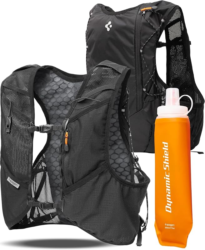 Spigen A721 Laufweste Damen & Herren mit 500 ml Trinkflasche Trinkrucksack für Laufen & Marathon [sicherer Handyhalter, leight] 3L Stauraum, 4-Fach verstellbare Gurte, L/XL - Schwarz