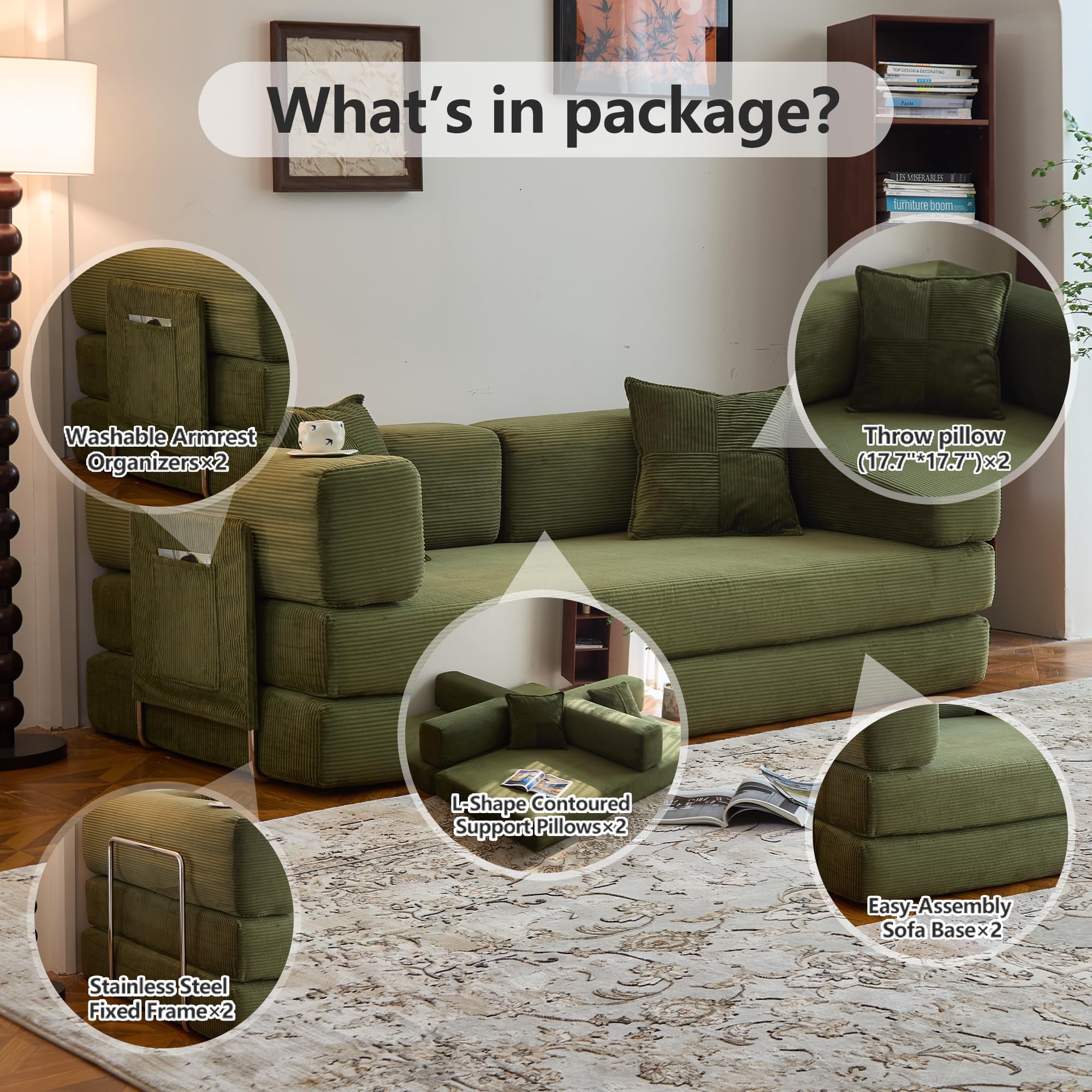 78.8" Convertible Sofa Bed - Compression Sofa with Corduroy Fabric - with Armrests and Backrest - Modular Sectional for Living Room, Bedroom, Studio - Compression Sofa in Box (Grey): 78.8IN Green