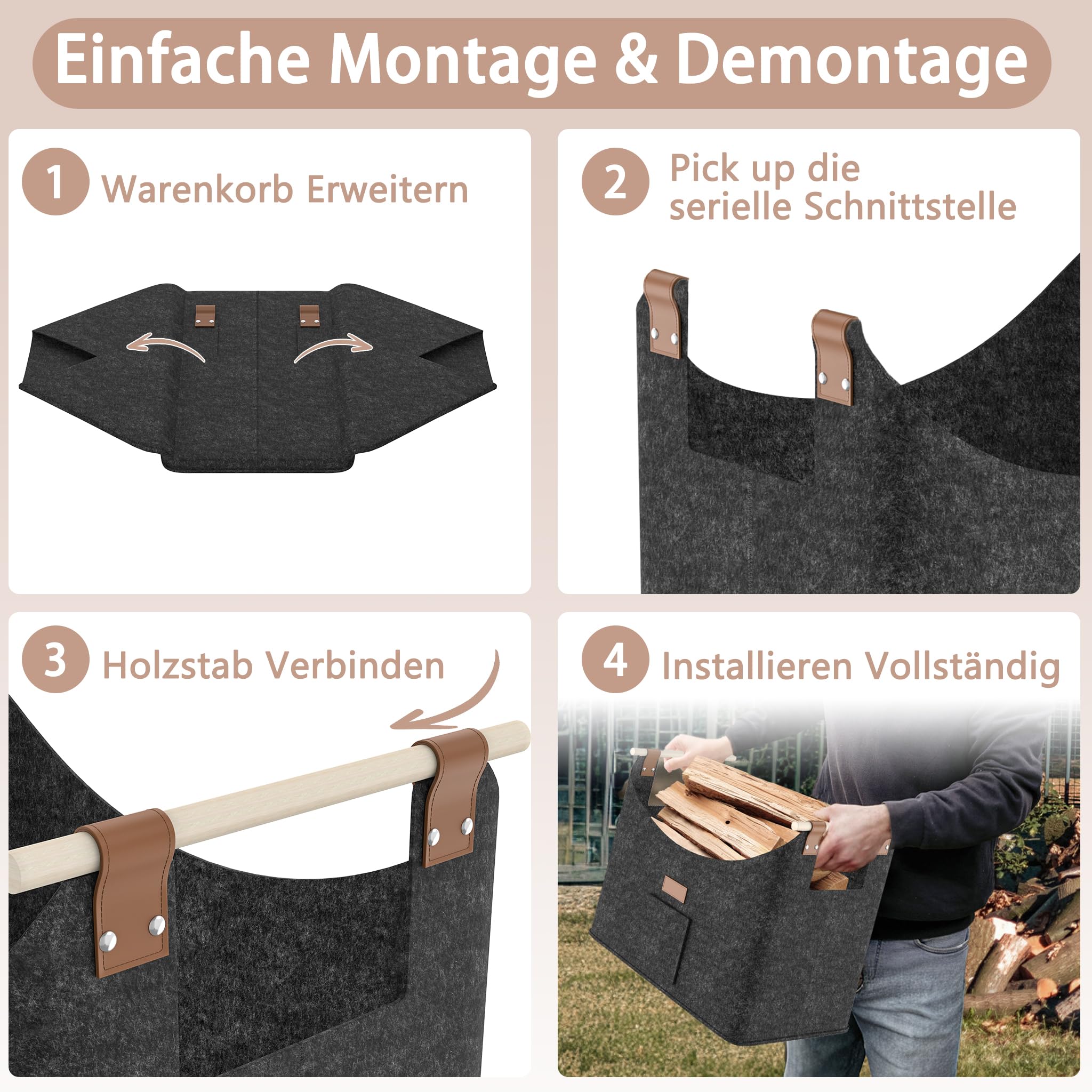 YRHome Lot de 2 paniers à bois de chauffage extra épais - Grand panier à bois de chauffage - Panier en feutre pour bois de chauffage - Cheminée avec poignées en bois - Jusqu'à 40 kg - 50 x 32 x 40 cm