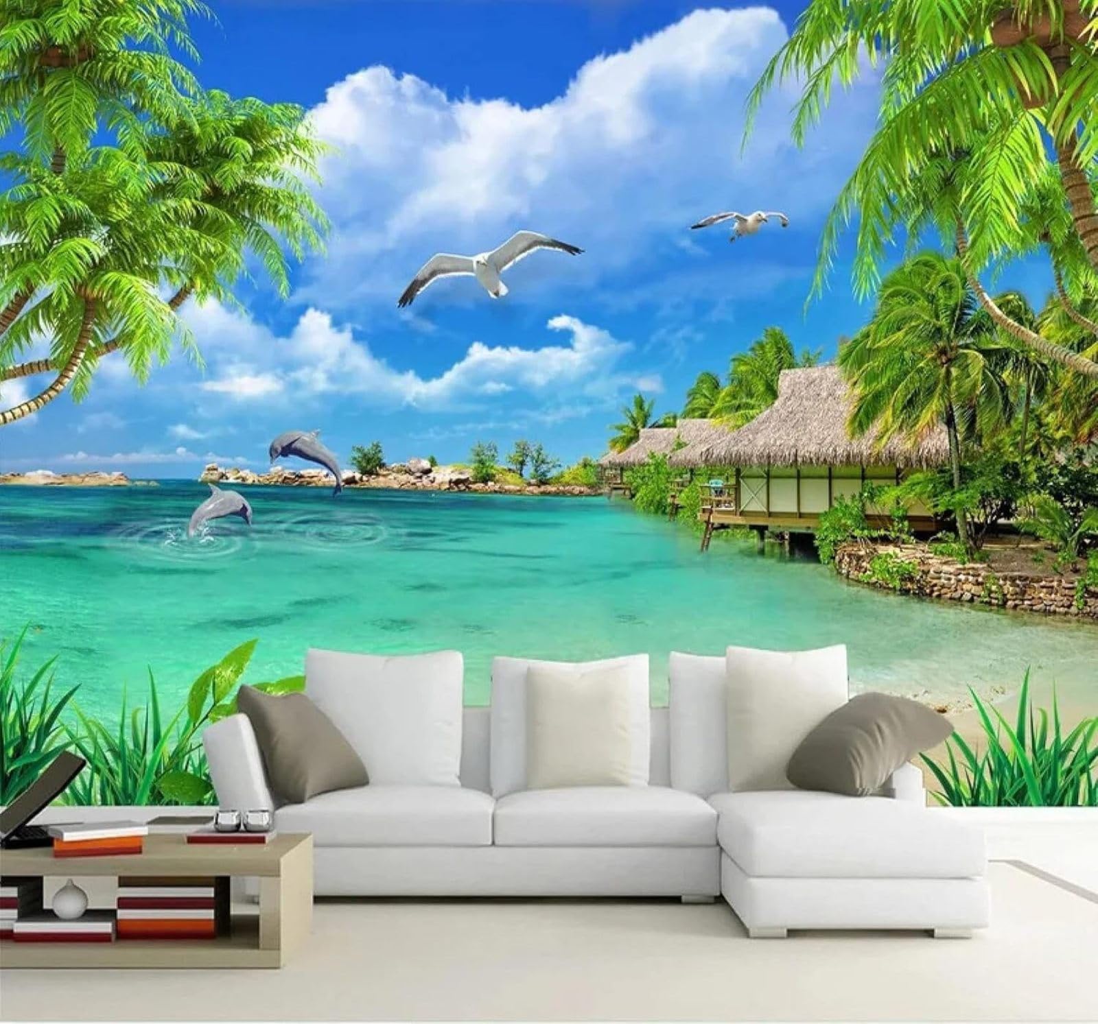 XLMING Fresh Green Sea Coconut Trees Seascape 3D Wallpaper Luxury Home Dining Decor Paste Sofa Living Room The Wall for Bedroom Mural-400cm×280cm