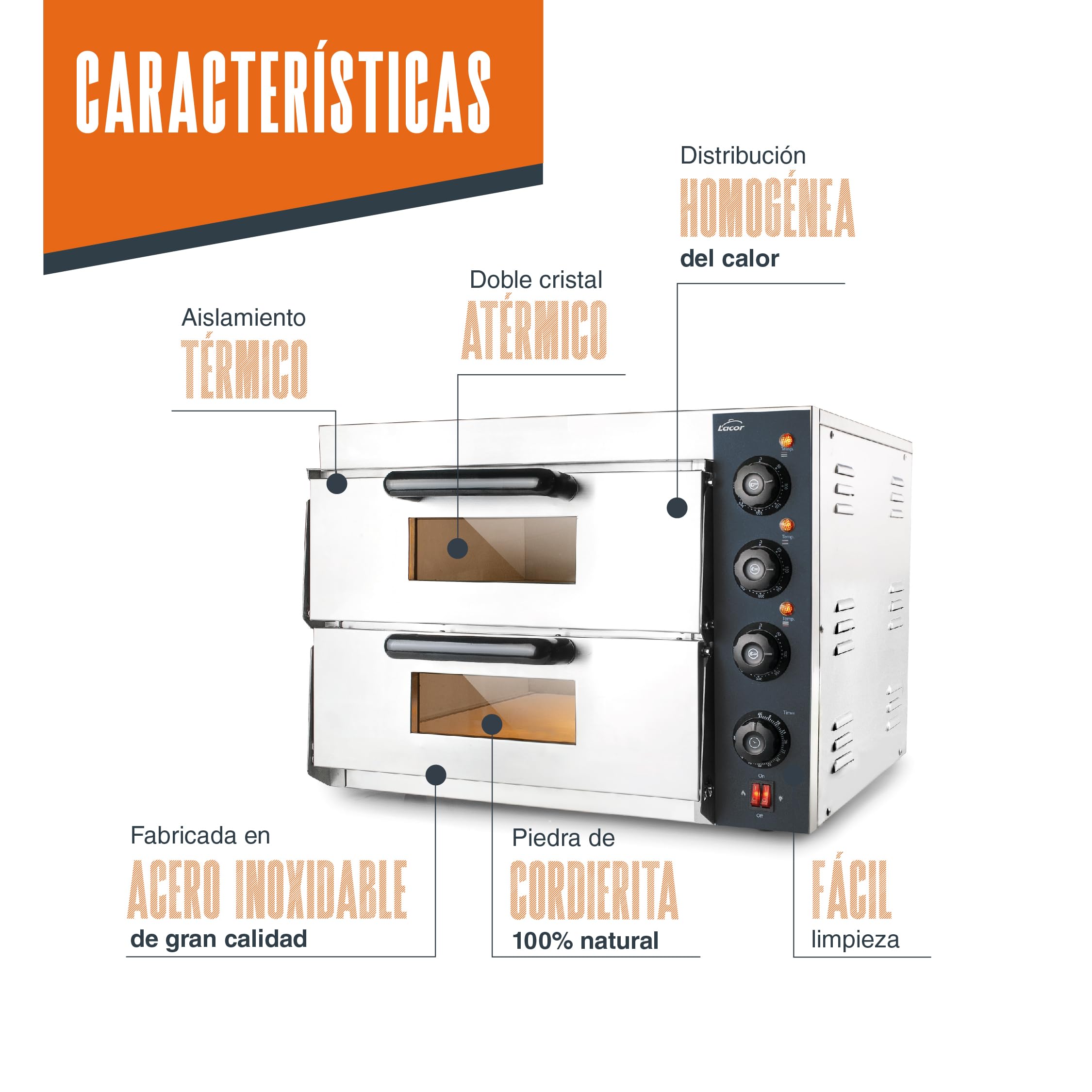 Lacor - 69633 - Horno pizza Lecco, para Mesa o Encimera, de Acero inoxidable, con Aislamiento Térmico, 3000 W, 2 cavidad, Iluminación interior, Medidas: 57x56x44 cm