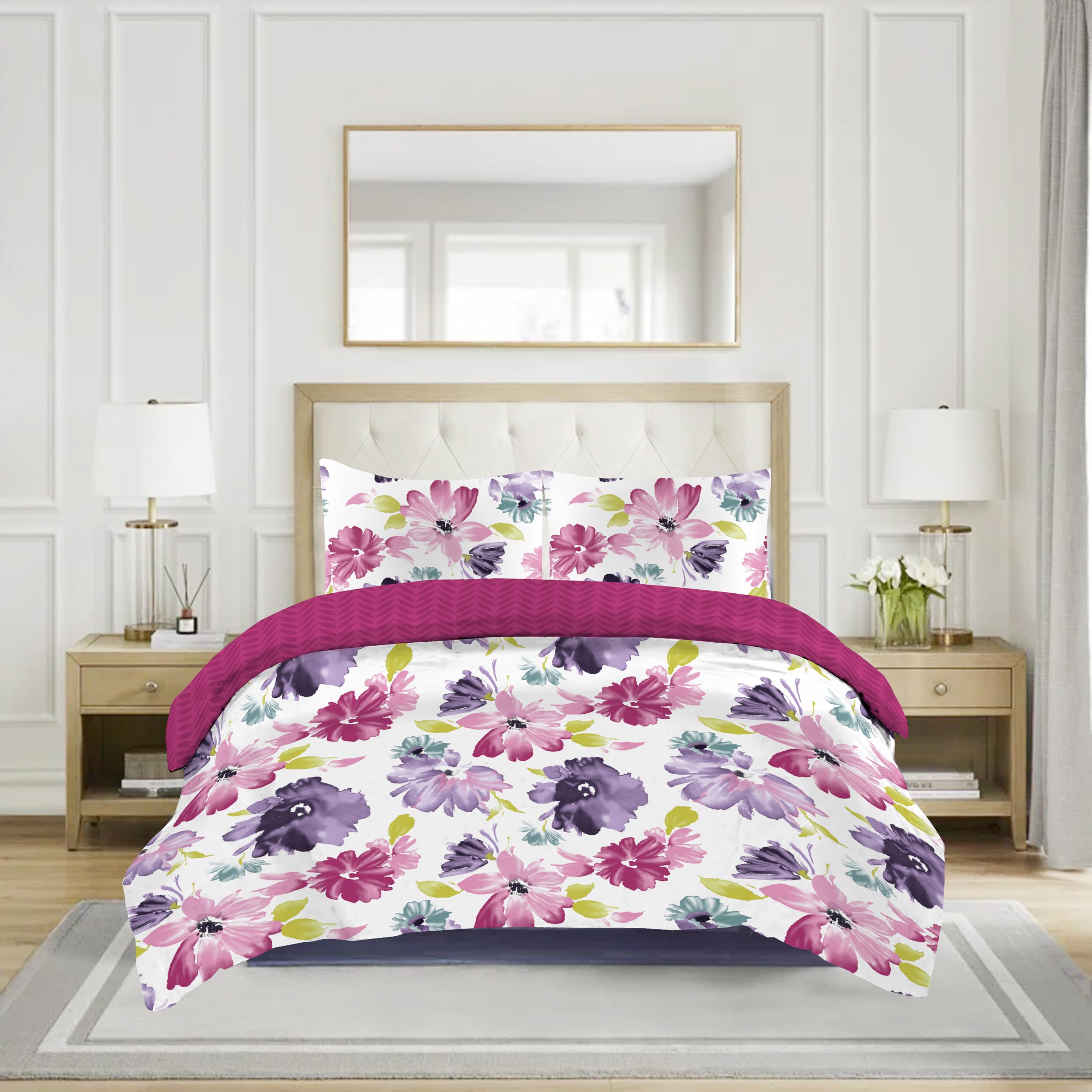 CHARKHAH Floral Duvet Cover Set King – Polycotton Bedding Set with Fitted Sheet, 2 Pillowcases & Button Closure – Easy Care Fitted Sheet Quilt Cover Set — image 1