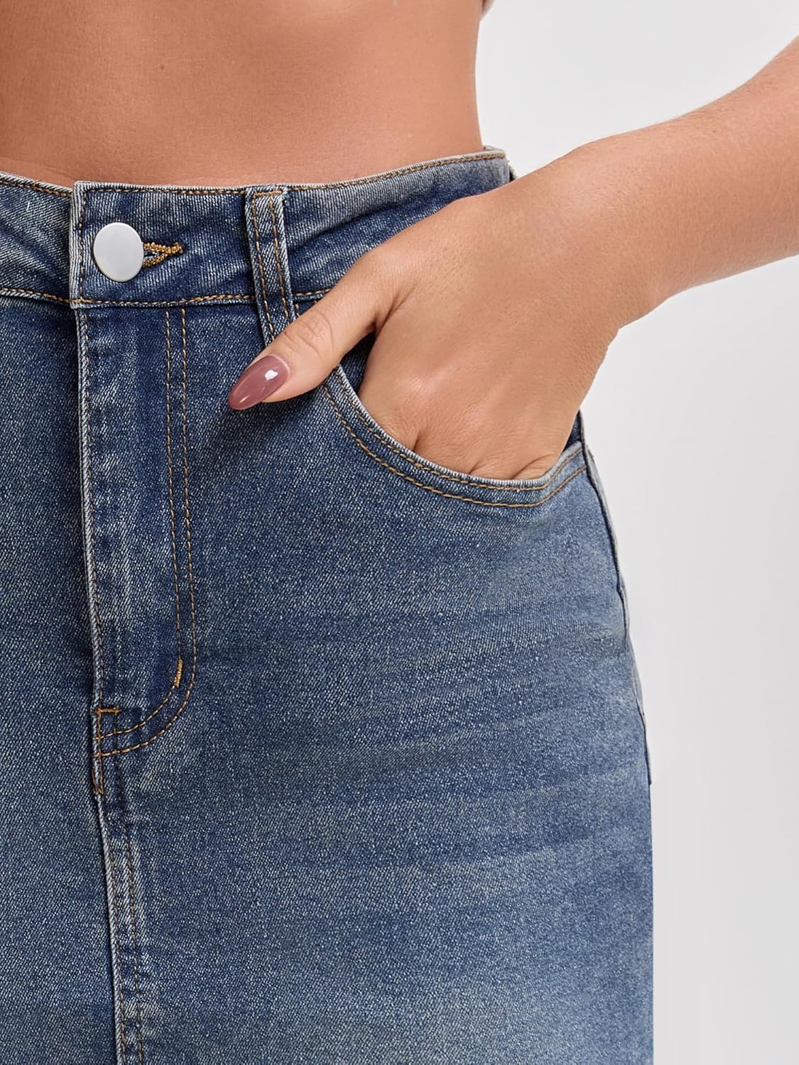 Women's Denim Skirt High Waist Raw Hem Pockets Stretch Bodycon Pencil Skirt Knee Length Jean Skirts