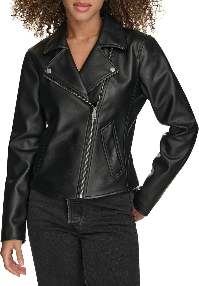 Chaqueta motera para mujer con bolsillos ribeteados