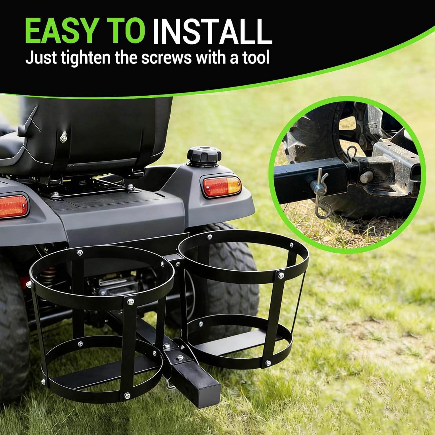 Pindex Heavy Duty ATV Pail Carrier, Universal Bucket Holder for UTV, Lawn Mowers & Tractors, Fits 2, 5, 6 Gallon Pails up to 10 5/8" Diameter, All-Terrain Tow-Behind Bucket Caddy for Garden & Farm
