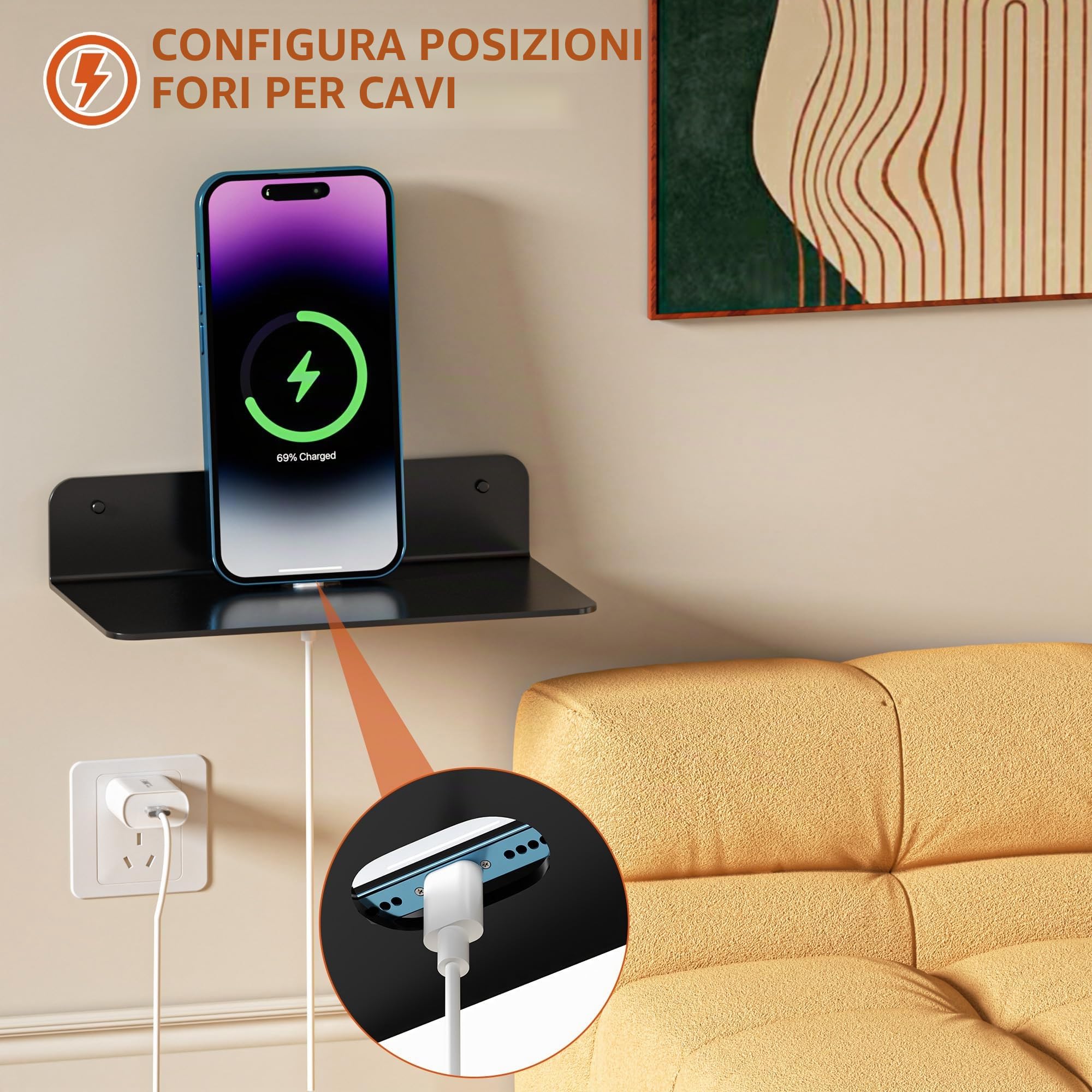 Wisfame Mensola da Muro in Metallo 2 Pezzi, Nere Mensole Adesive da Parete Senza Foratura, 23cm Mensolina da Muro Piccola per Soggiorno, Camera da Letto, Bagno,Cucina, Ufficio，Con Fori per Cavi