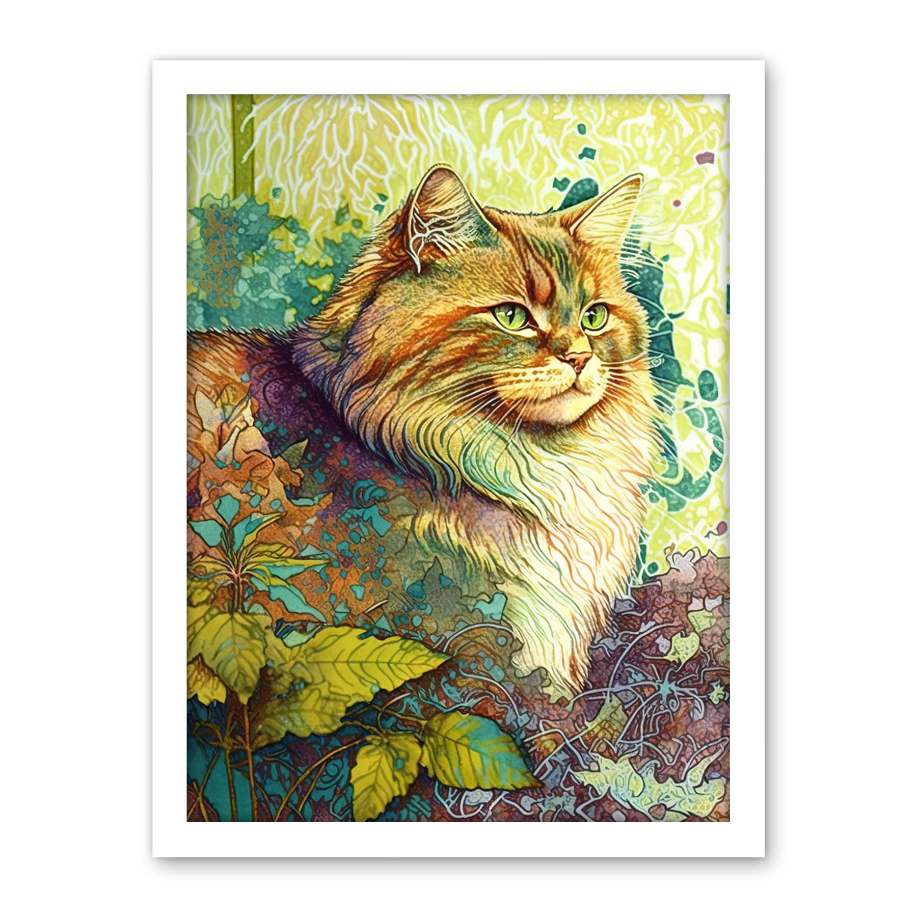 Artery8 Siberian Cat in Nature Vibrant Colourful Modern Portrait Illustration Artwork Framed Wall Art Print 18X24 Inch