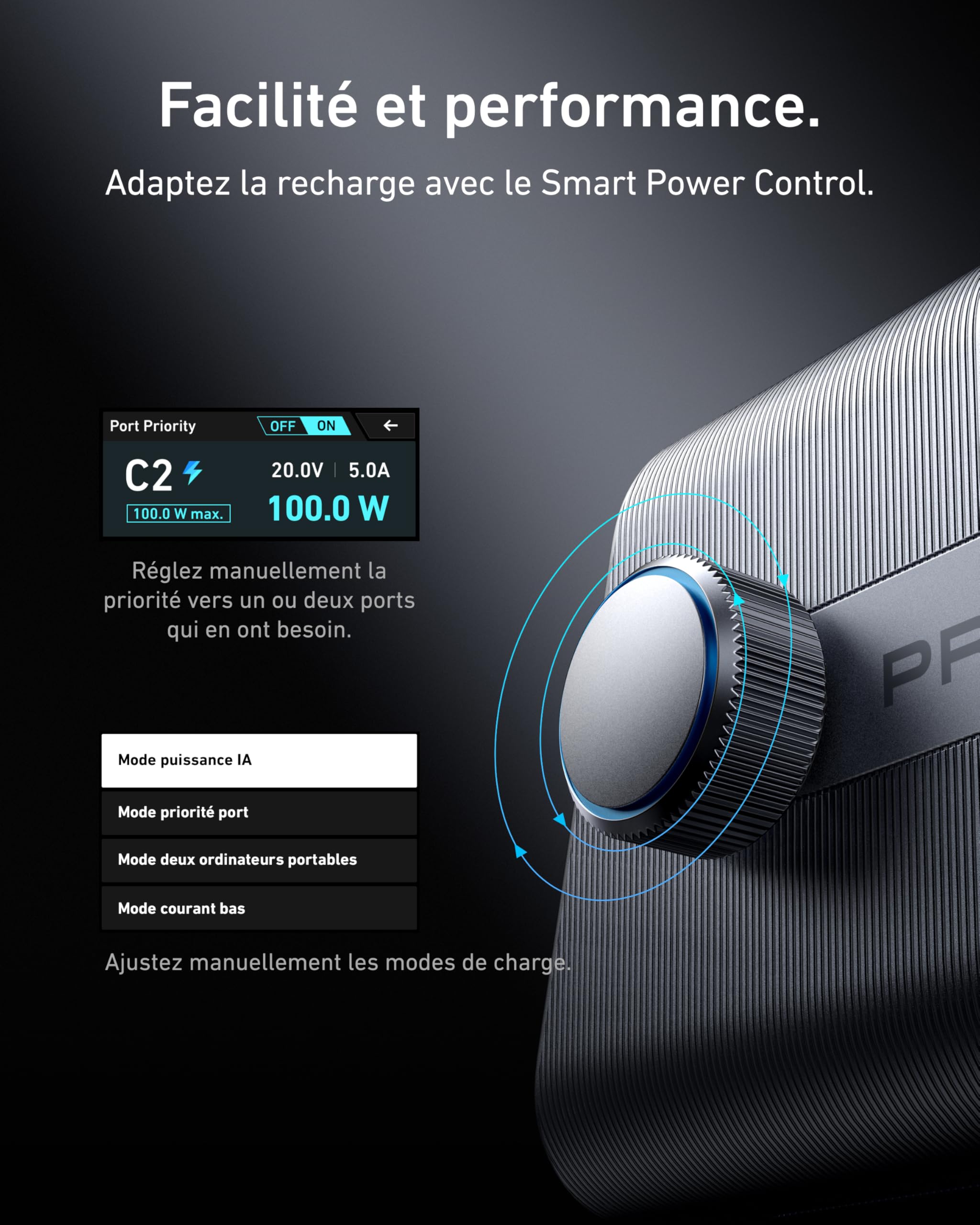 Anker Prime Chargeur USB C 250 W, Station de Recharge ultra-rapide 6 Ports GaN, écran LCD 2,26", Molette de Contrôle Intelligente, MacBook Pro/Air, iPhone 17/16/15, Pixel, Galaxy, Apple Watch, et plus