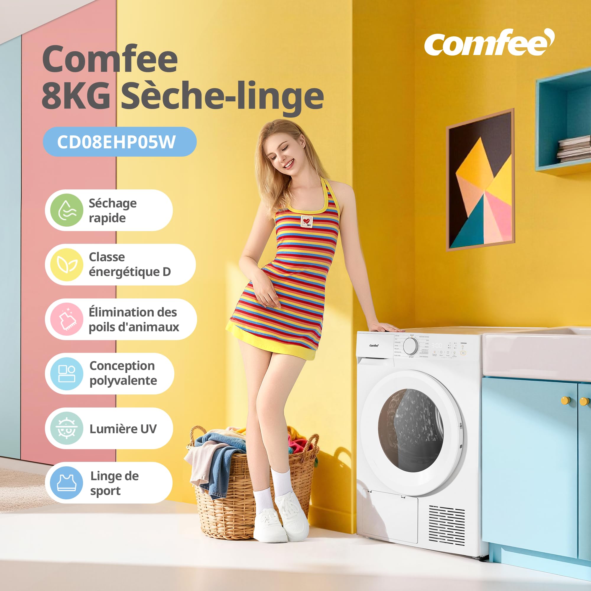 COMFEE' Sèche linge Pompe à Chaleur 8kg Classe D Séchage rapide 15 programmes Blanc
