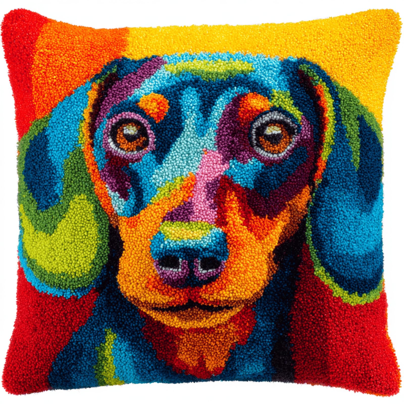 kitphoenix Latch Hook Cushion Kit with Pre-Cut Yarn,Printed Canvas,Crochet Hook and Instructions,Dachshund,DIY Cushion Making Craft Kit 43x43 cm for Beginners,Adults,Home Decoration
