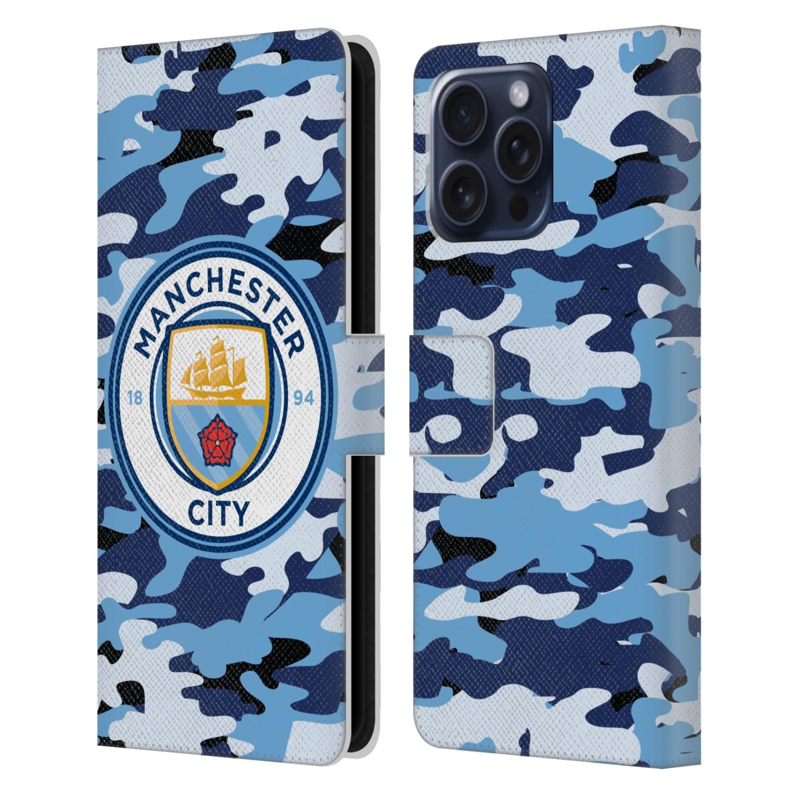 Head Case Designs Officially Licensed Manchester City Man City FC Blue Moon Badge Camou Leather Wallet Case Compatible With Apple iPhone 16 Pro Max
