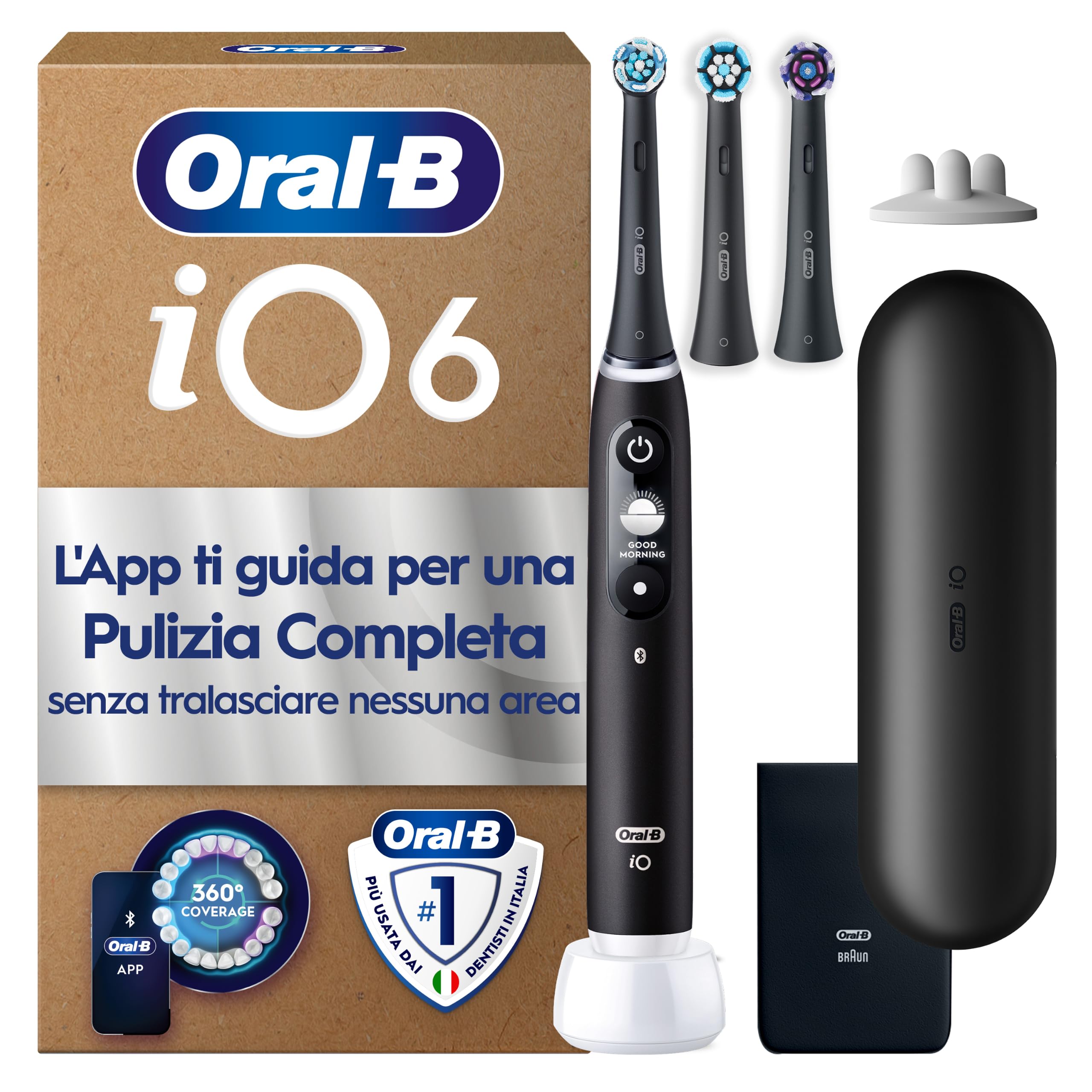 Oral-B iO 6 Spazzolino Elettrico, 3 Testine di Ricambio, Custodia, Nero - 3 Testine di Ricambio per Spazzolino Elettrico, Ricaricabile, Custodia Viaggio, Sensore di Pressione, Pulizia Denti Efficace