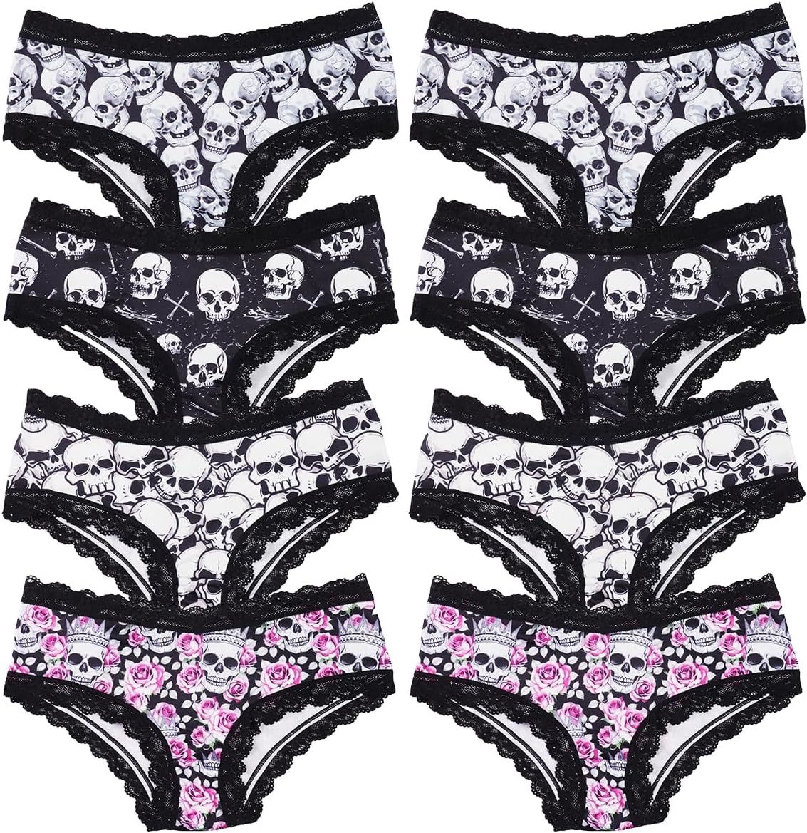 SYVIN Women 8-PACK Gothic Contrast Lace Trims Bikinis, Chic Low Rise Skull Flower Stars Print Comfortable Hipster Panties