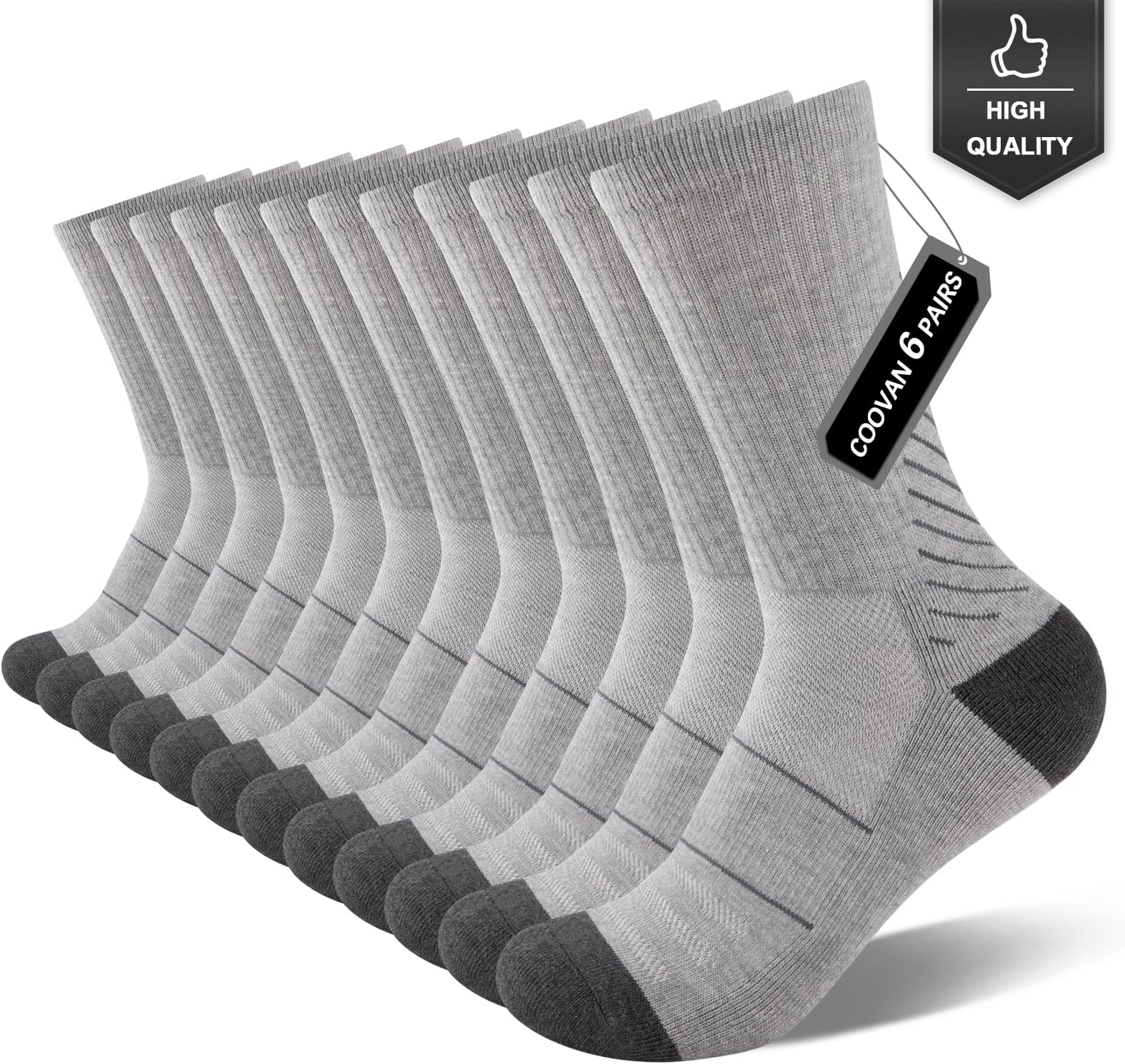 COOVAN Men's 6P-Pack Premium Athletic Crew Socks Men Thick Cushion Casual Work Sock With Moisture Wicking